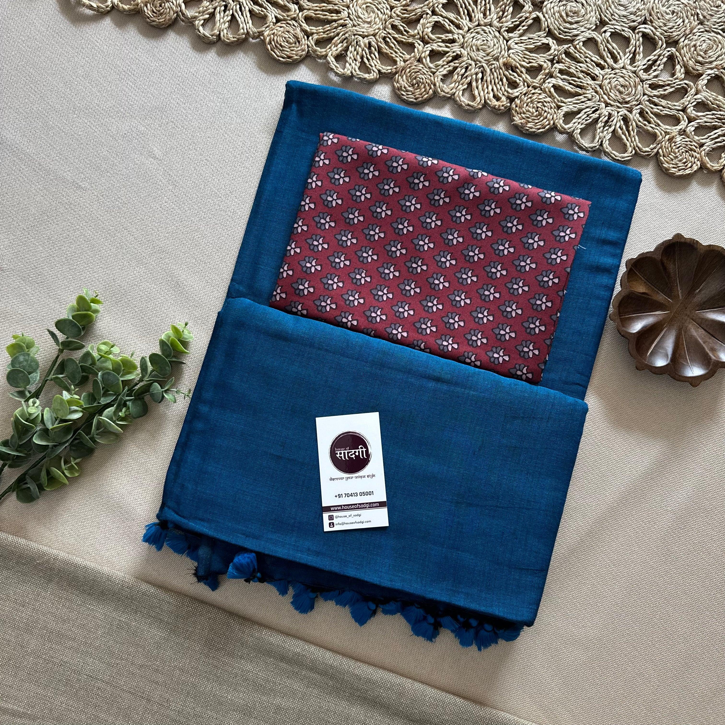 Firoji Handloom Khadi Cotton Saree With Marun Printed Blouse - House Of Sadgi