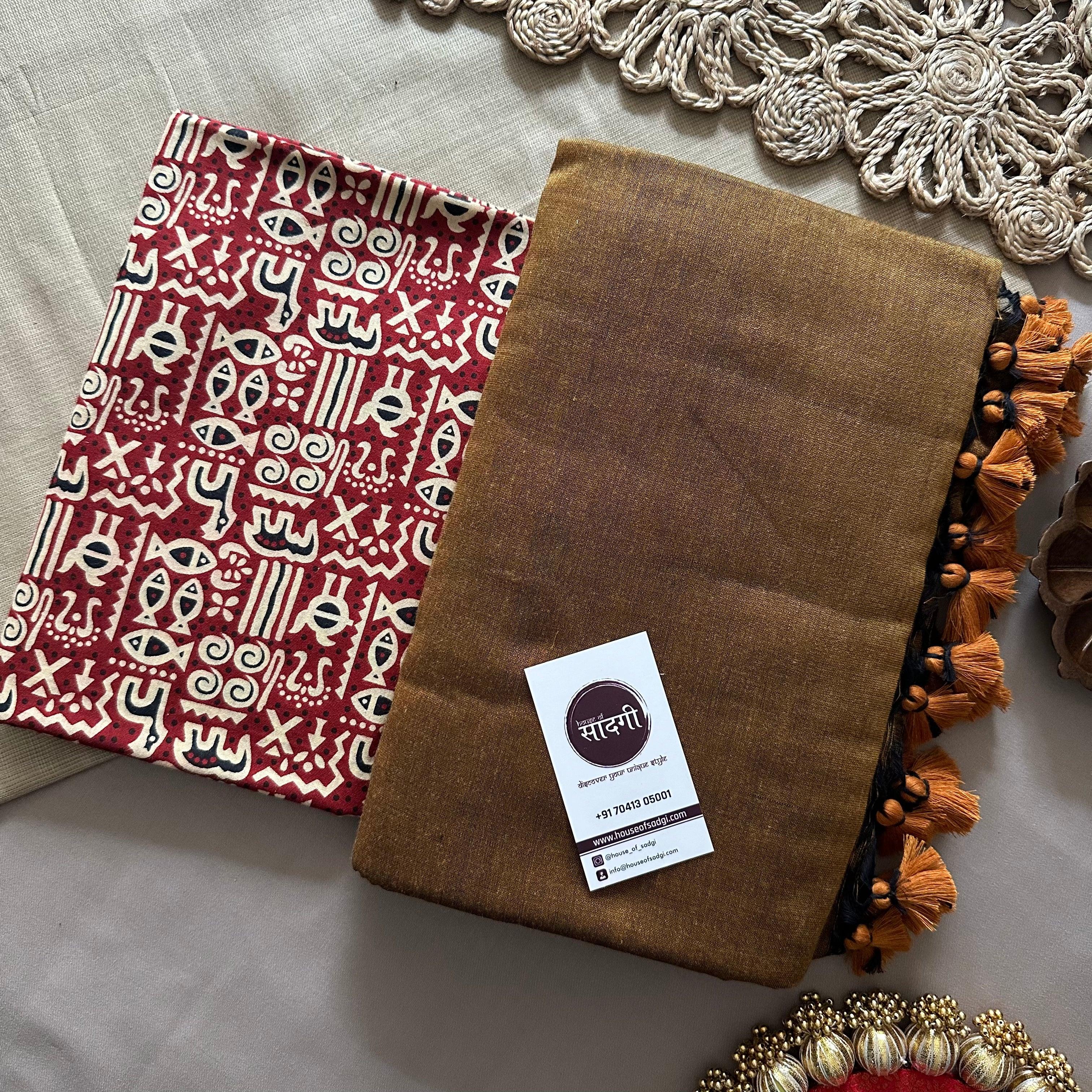 Golden Khadi Cotton Saree With Animal Printed Blouse - House Of Sadgi