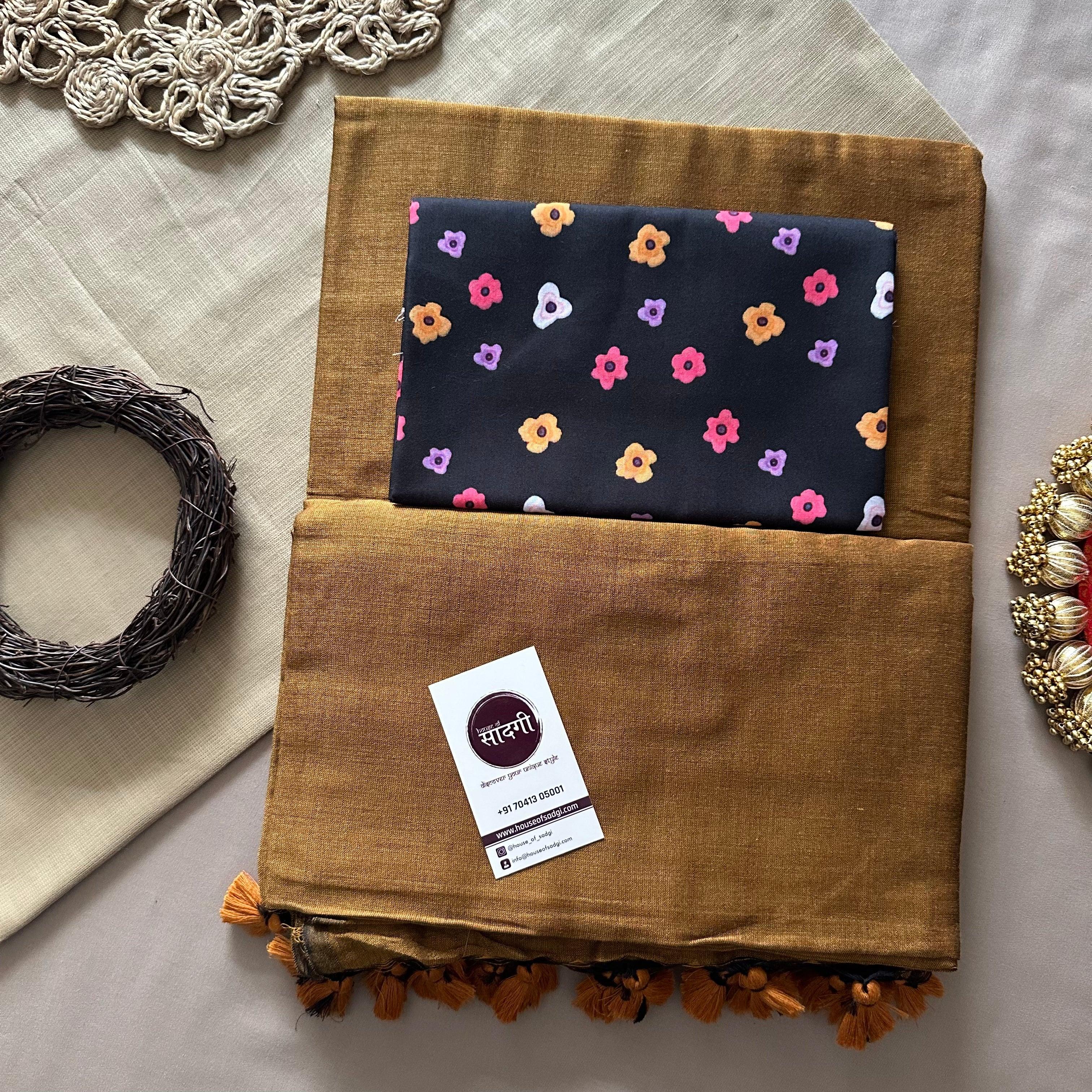 Golden Khadi Cotton Saree With Black Flower Printed Blouse - House Of Sadgi