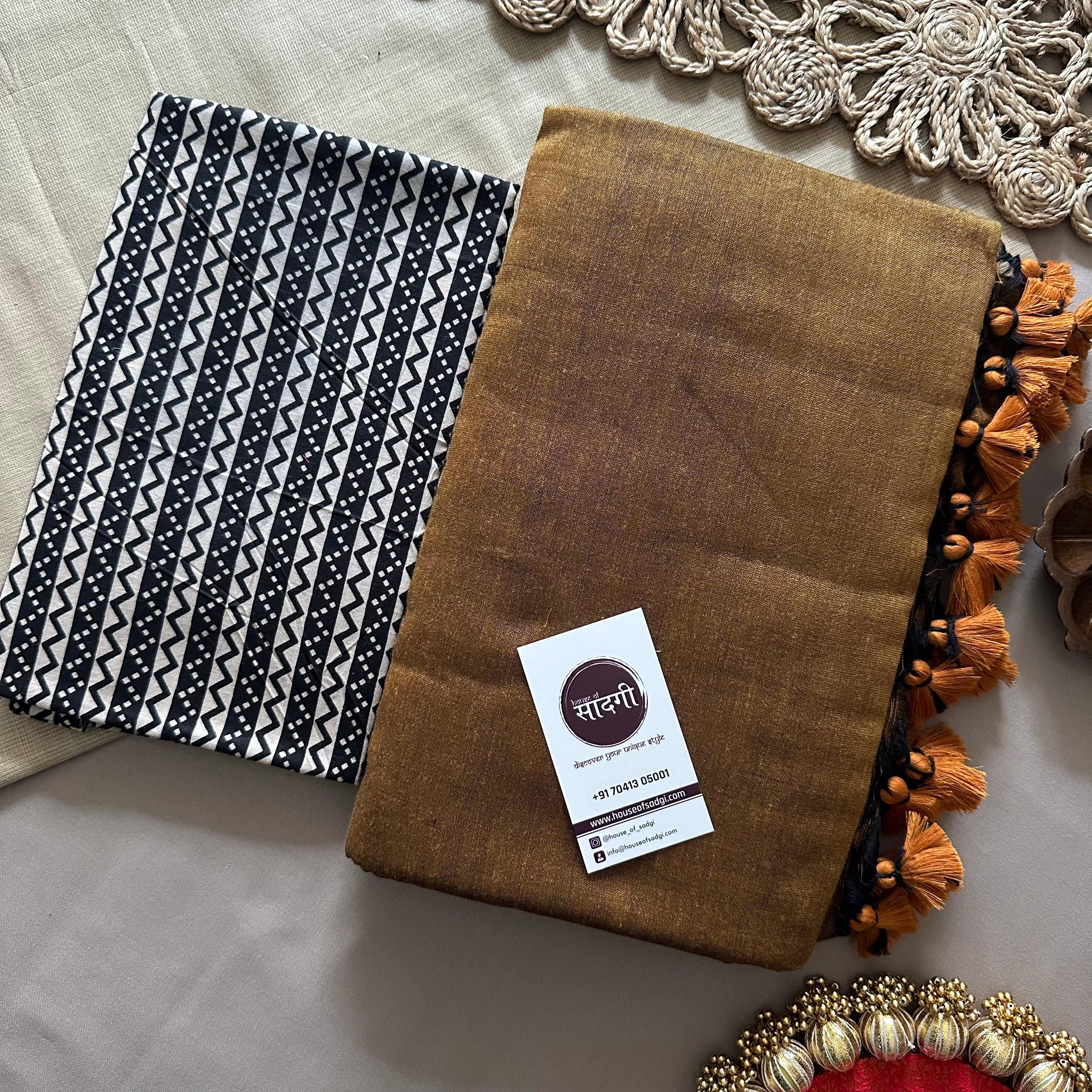 Golden Khadi Cotton Saree With Black Printed Blouse - House Of Sadgi