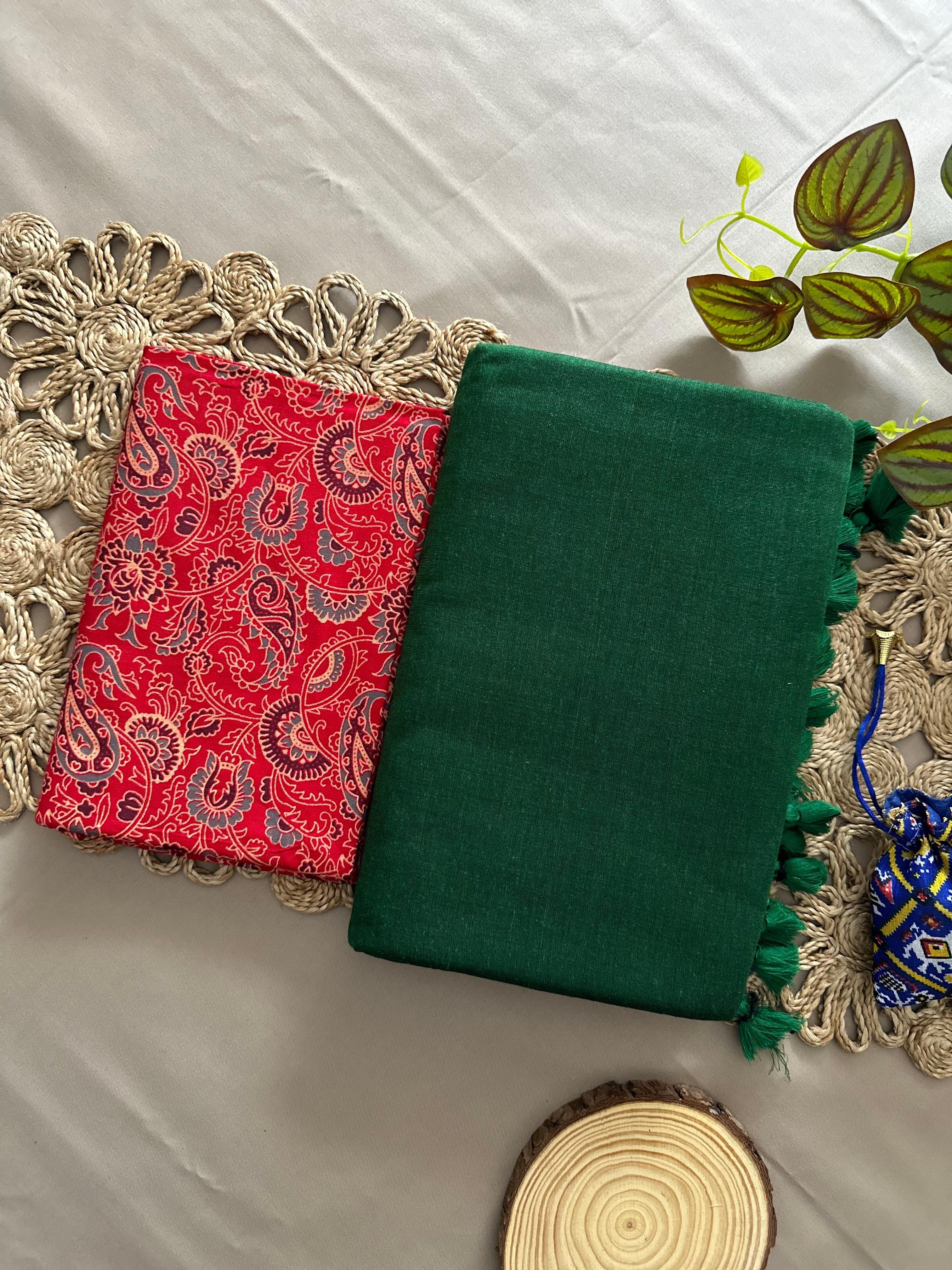 Green Handloom Khadi Cotton Saree With Paisley Printed Blouse - House Of Sadgi