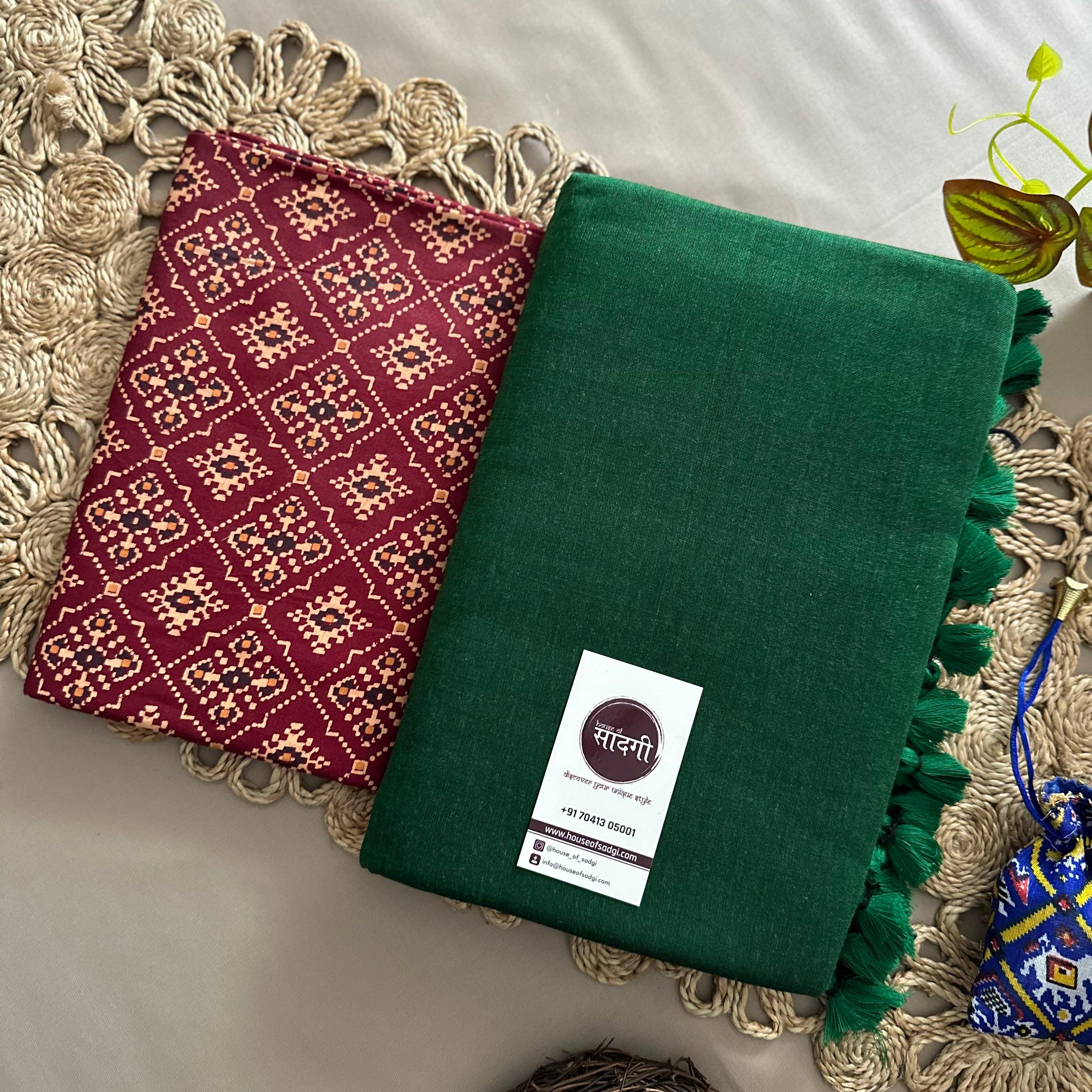 Green Handloom Khadi Cotton Saree With Patola Printed Blouse - House Of Sadgi