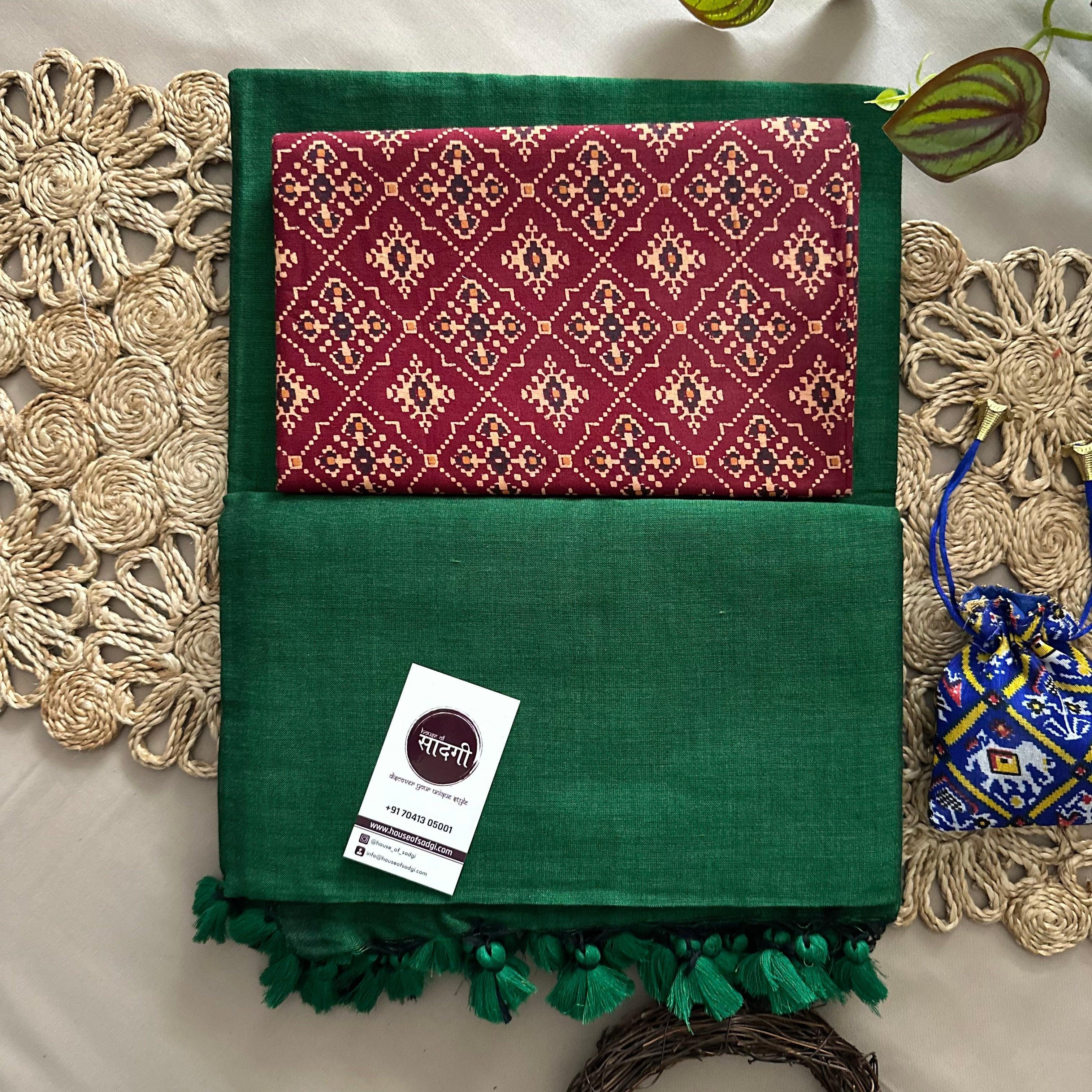 Green Handloom Khadi Cotton Saree With Patola Printed Blouse - House Of Sadgi