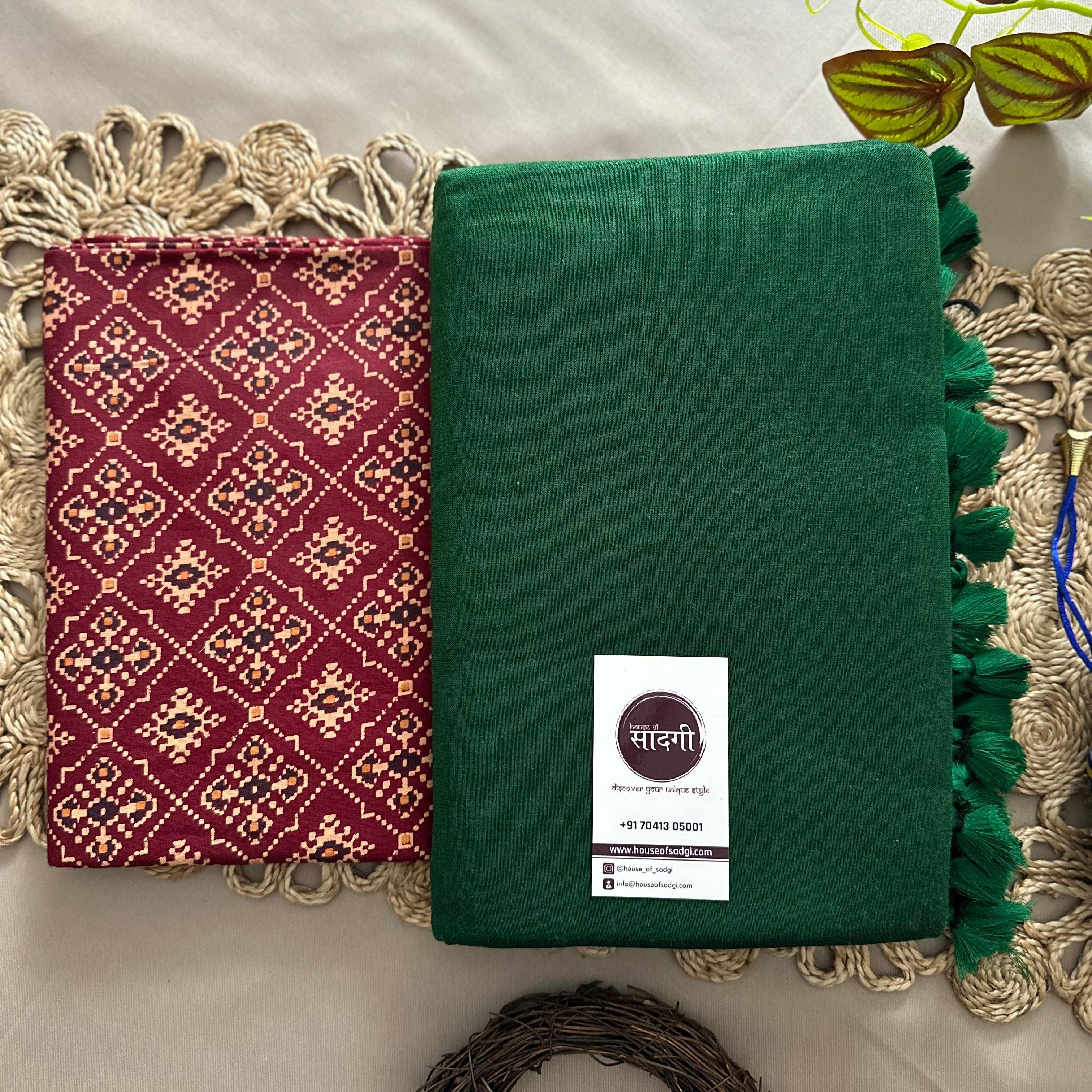 Green Handloom Khadi Cotton Saree With Patola Printed Blouse - House Of Sadgi