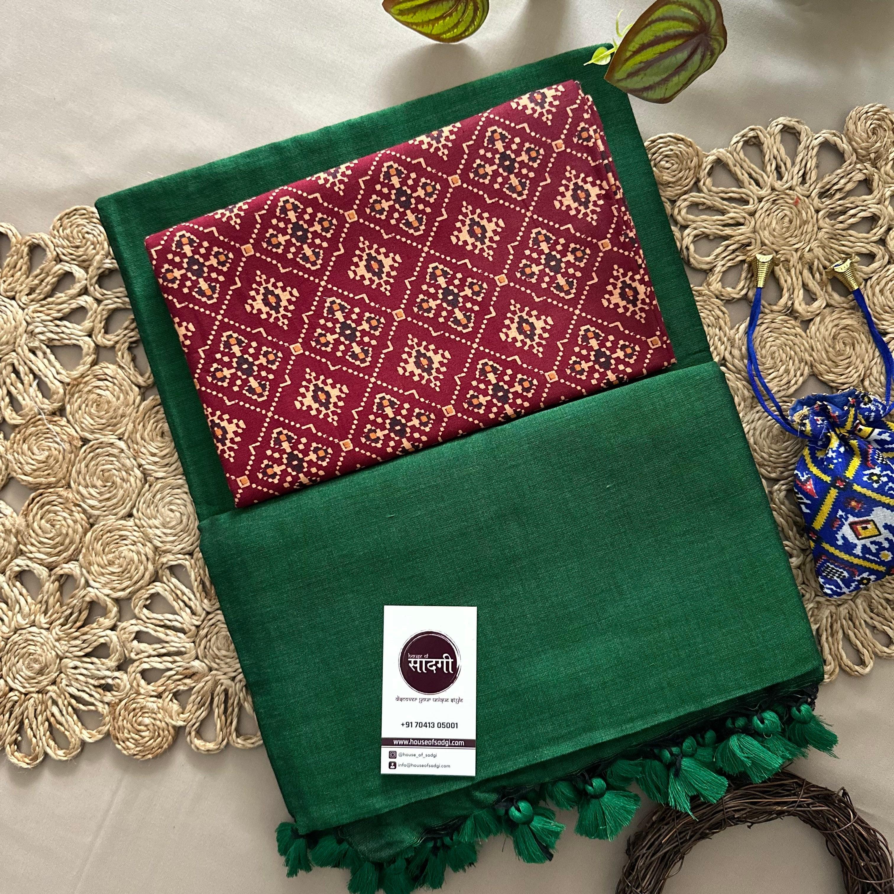 Green Handloom Khadi Cotton Saree With Patola Printed Blouse - House Of Sadgi