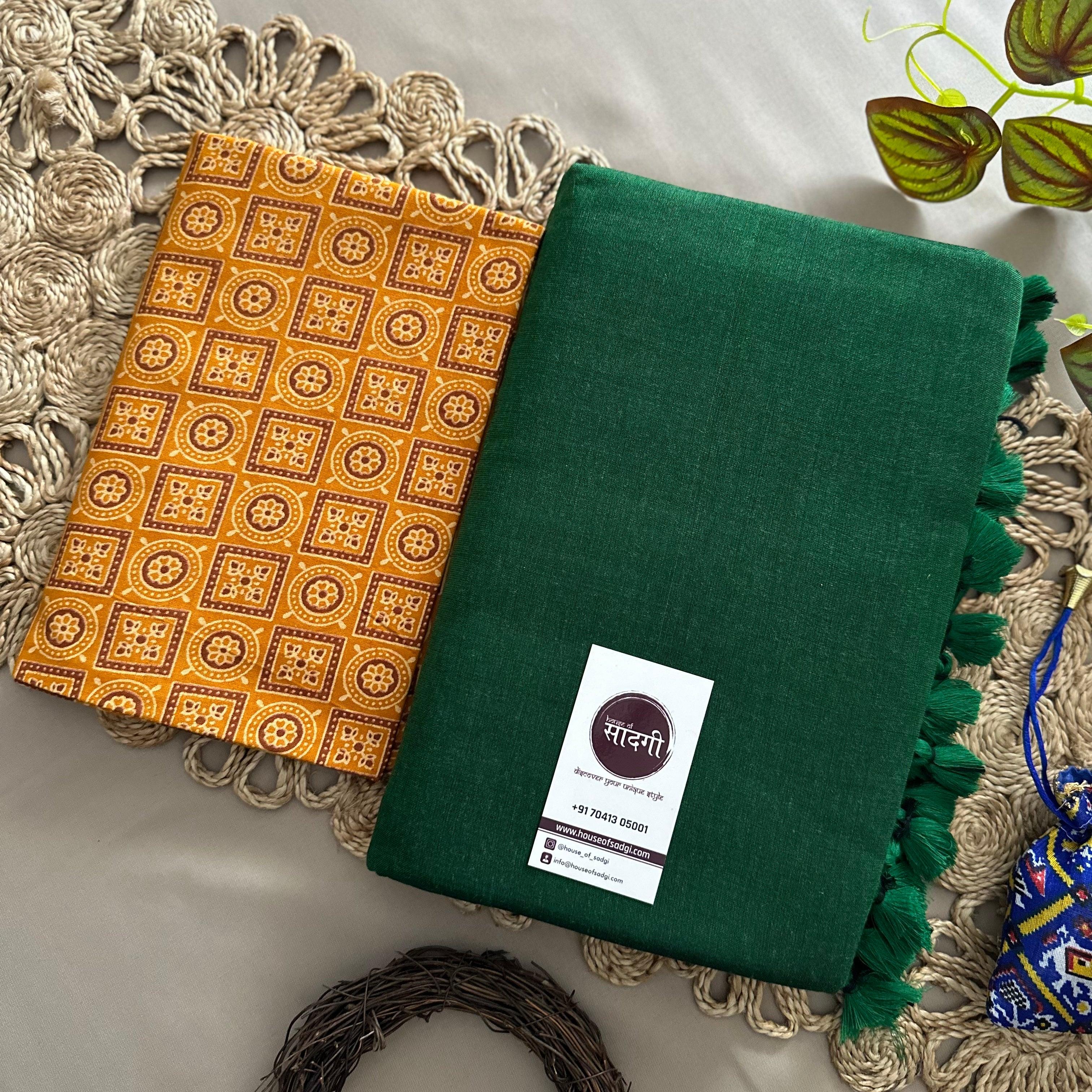 Green Handloom Khadi Cotton Saree With Yellow Printed Blouse - House Of Sadgi