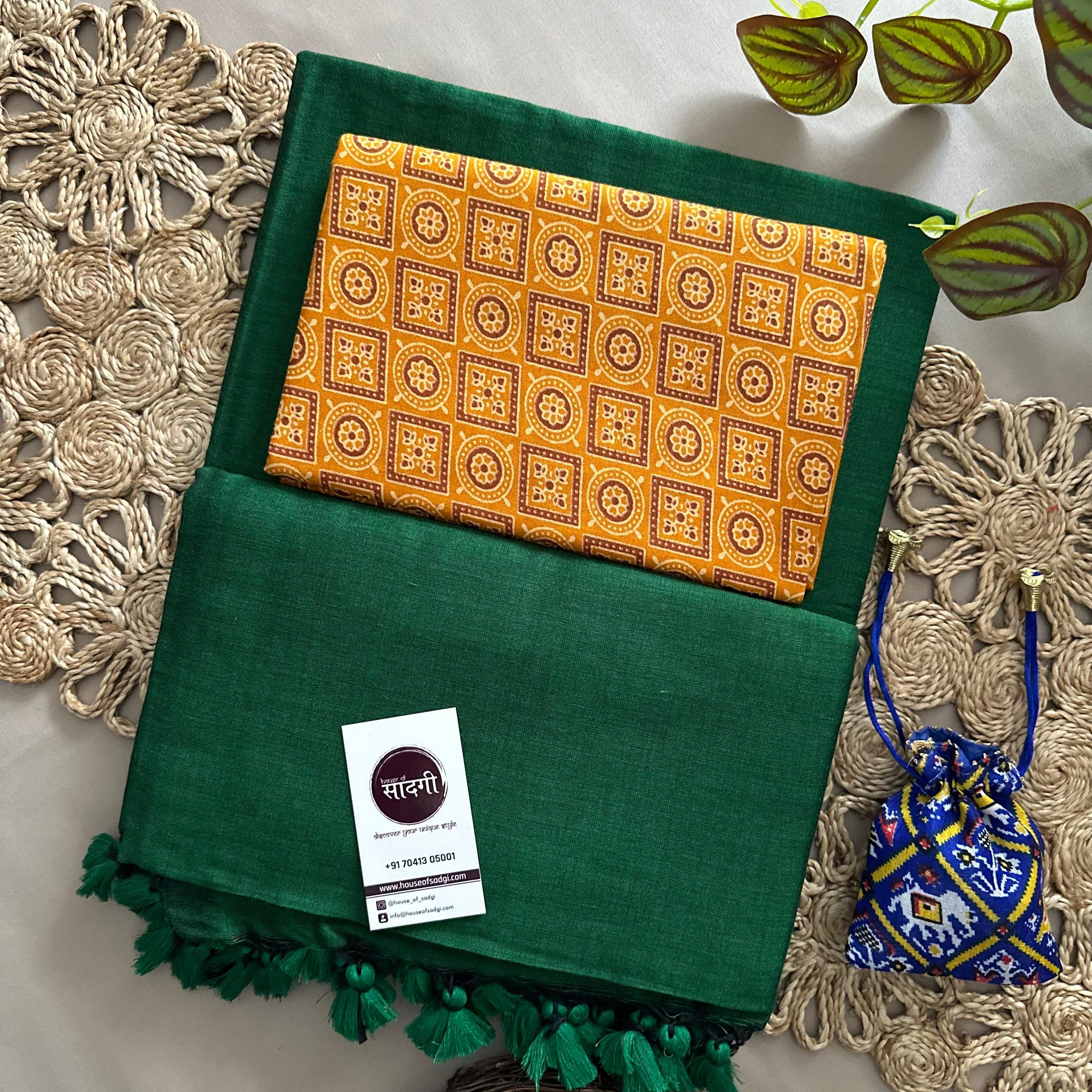 Green Handloom Khadi Cotton Saree With Yellow Printed Blouse - House Of Sadgi