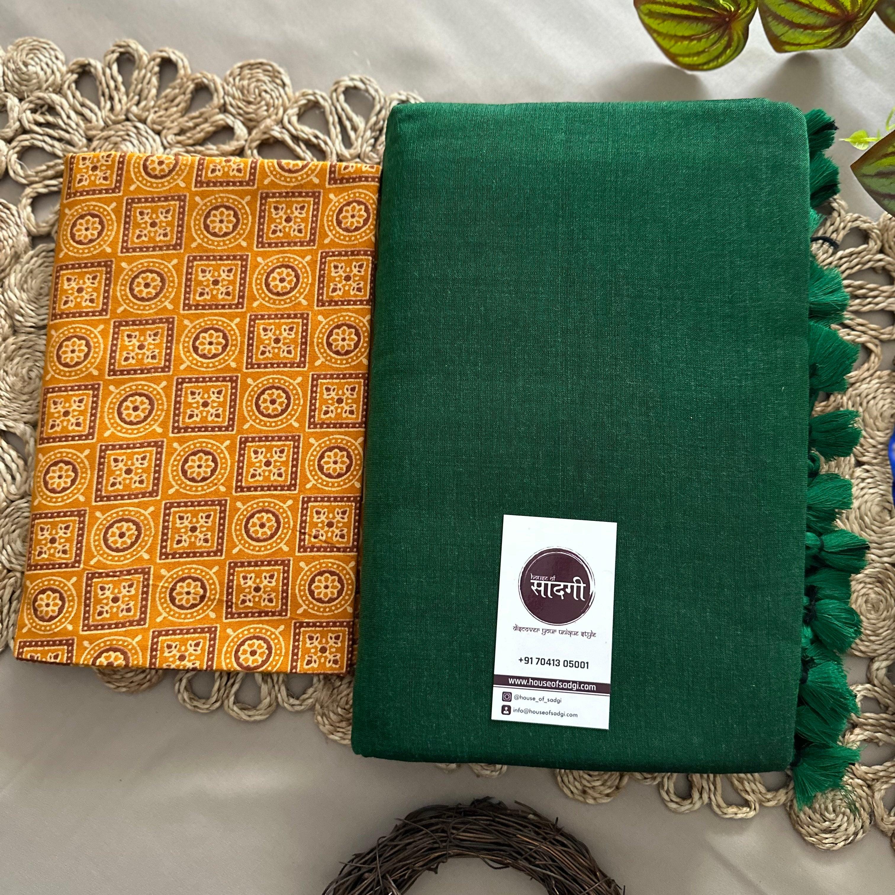 Green Handloom Khadi Cotton Saree With Yellow Printed Blouse - House Of Sadgi