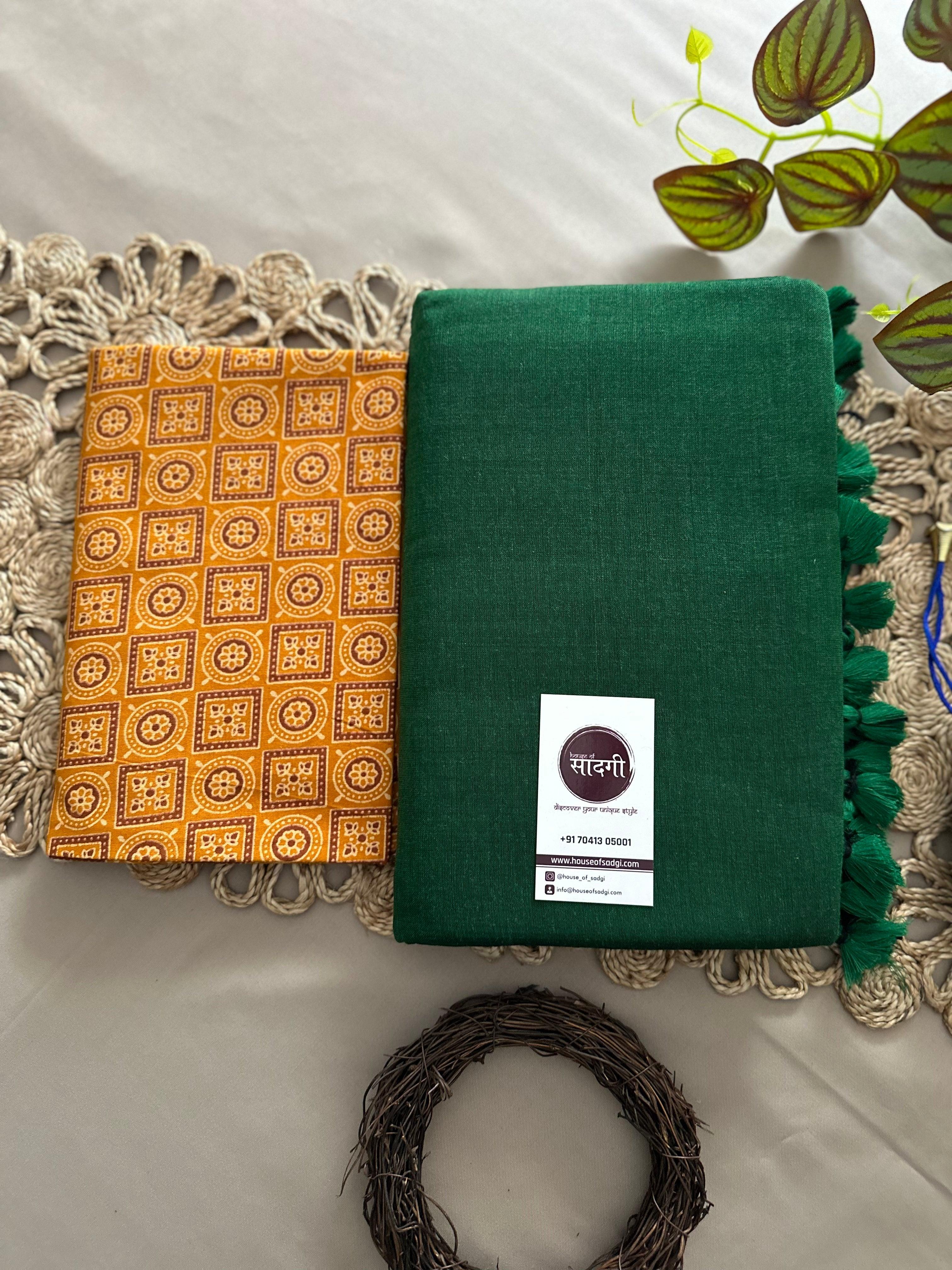 Green Handloom Khadi Cotton Saree With Yellow Printed Blouse - House Of Sadgi