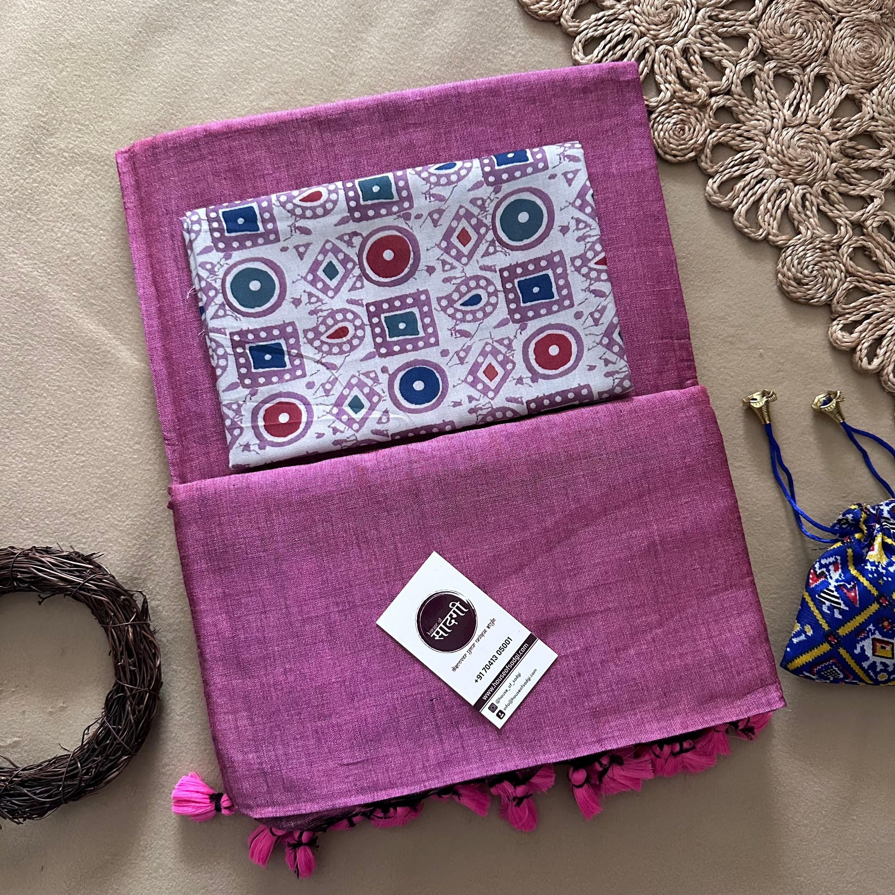 Lavender Handloom Khadi Cotton Saree With Designer Printed Blouse - House Of Sadgi