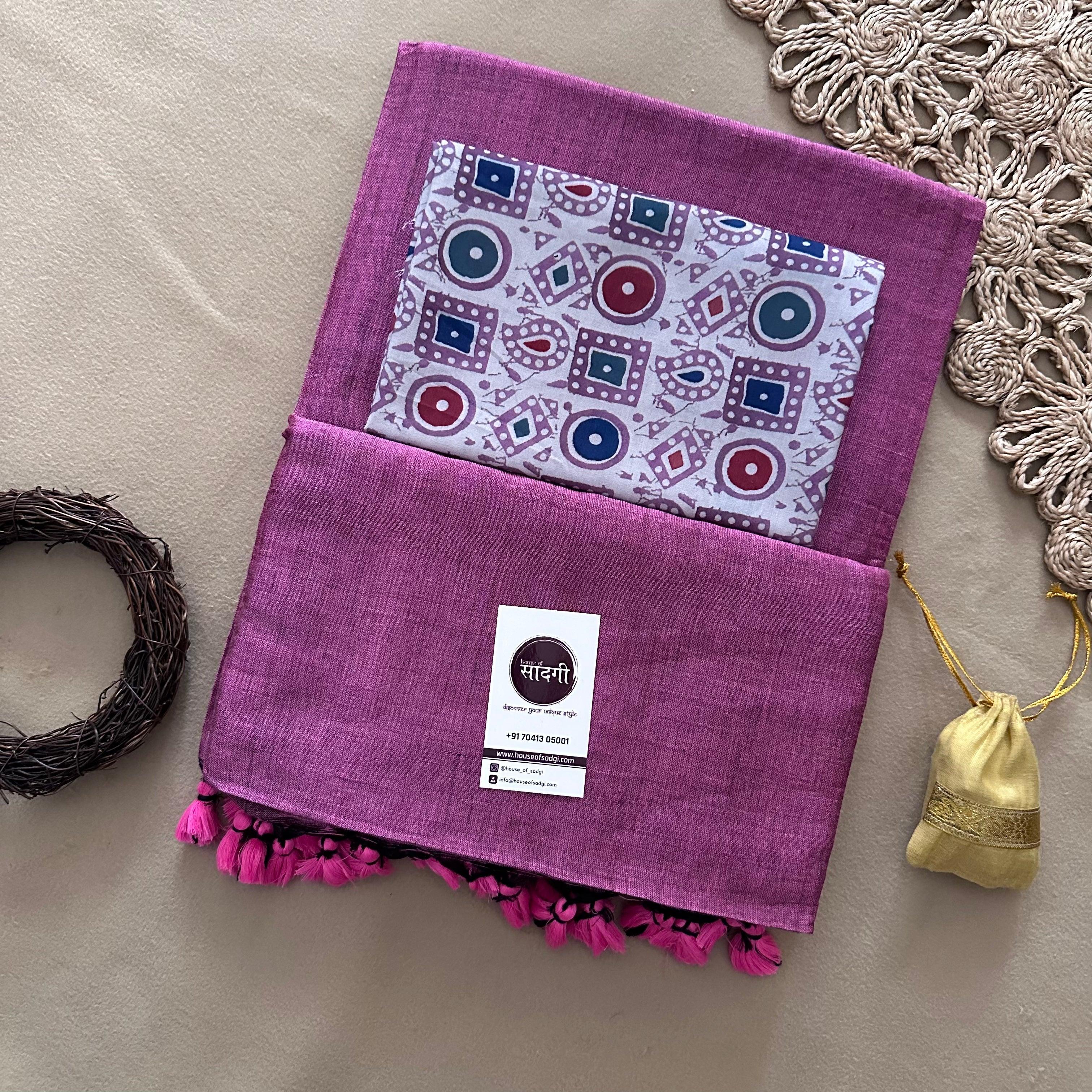 Lavender Handloom Khadi Cotton Saree With Designer Printed Blouse - House Of Sadgi