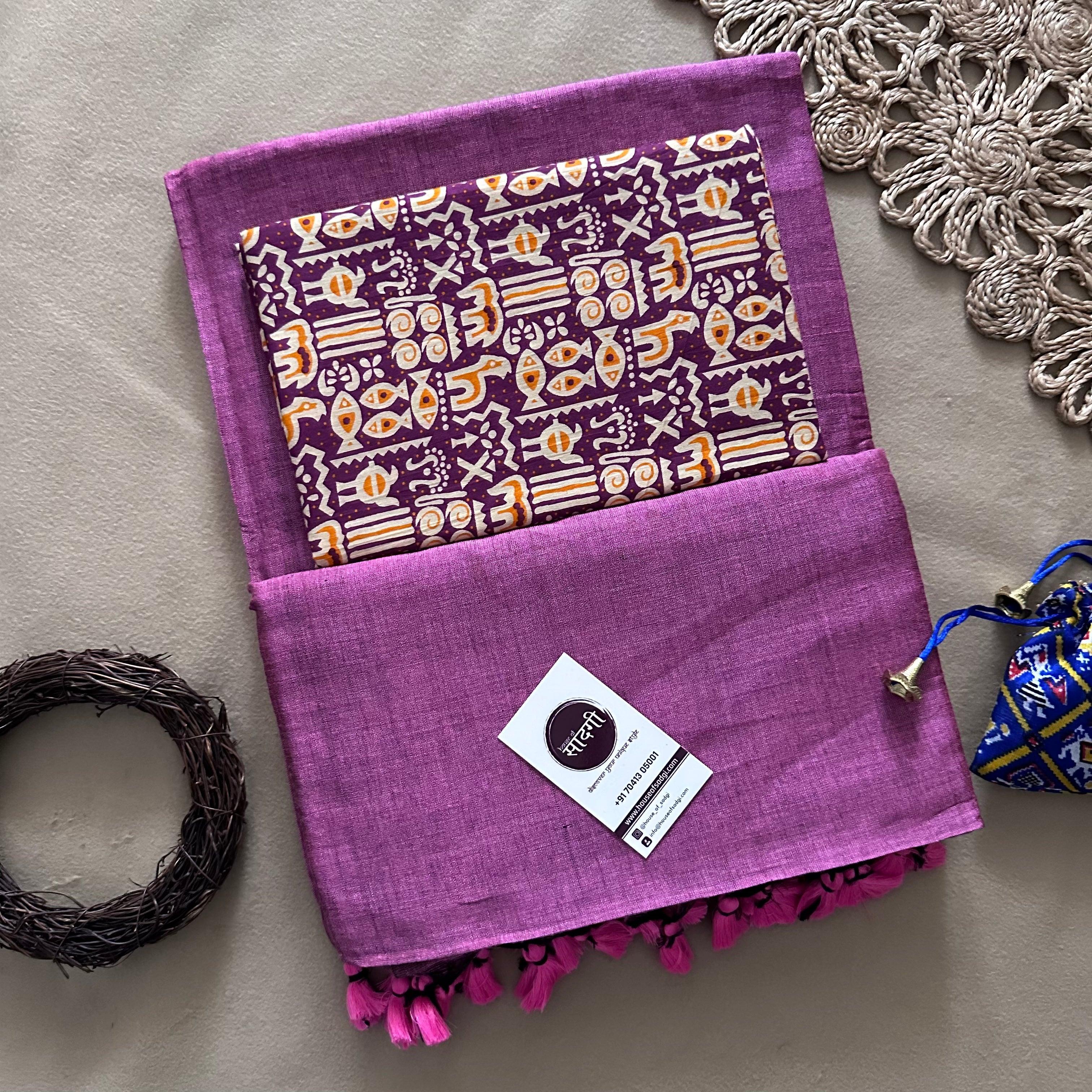 Lavender Handloom Khadi Cotton Saree With Purple Printed Blouse - House Of Sadgi