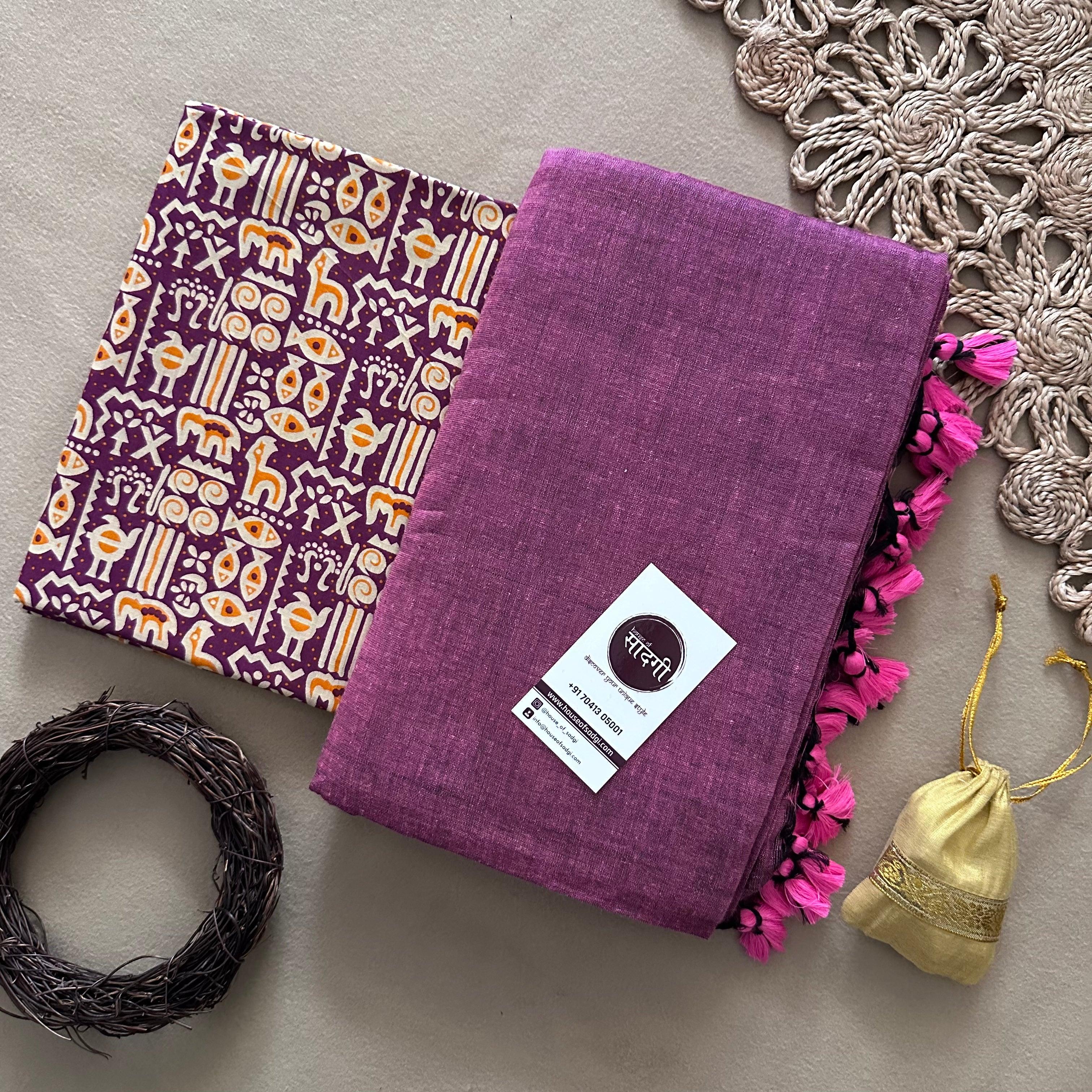 Lavender Handloom Khadi Cotton Saree With Purple Printed Blouse - House Of Sadgi