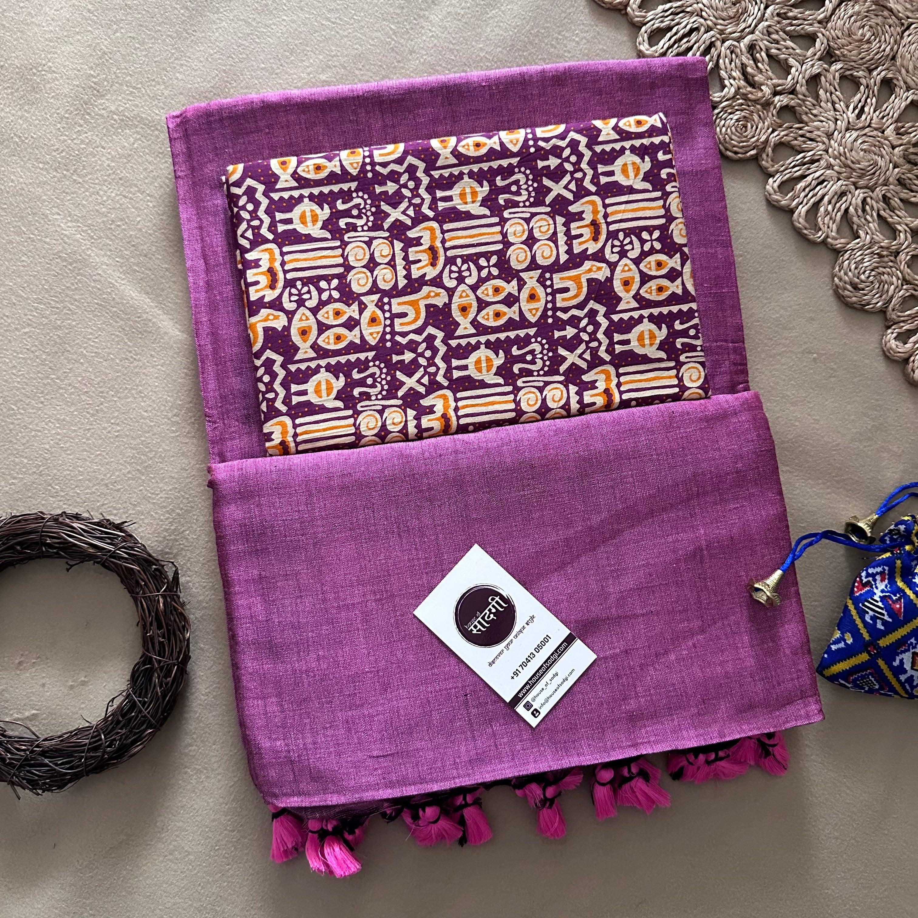 Lavender Handloom Khadi Cotton Saree With Purple Printed Blouse - House Of Sadgi