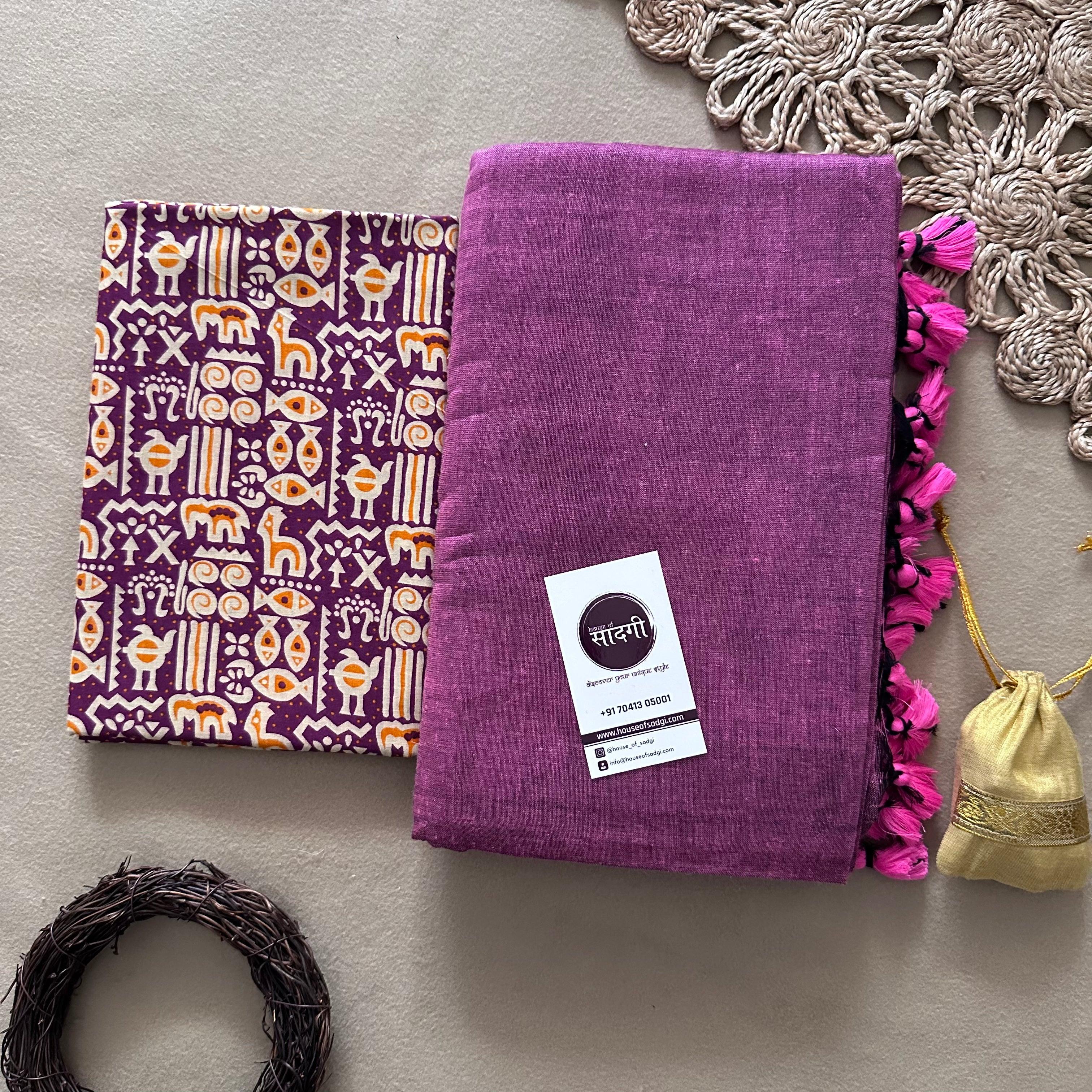 Lavender Handloom Khadi Cotton Saree With Purple Printed Blouse - House Of Sadgi