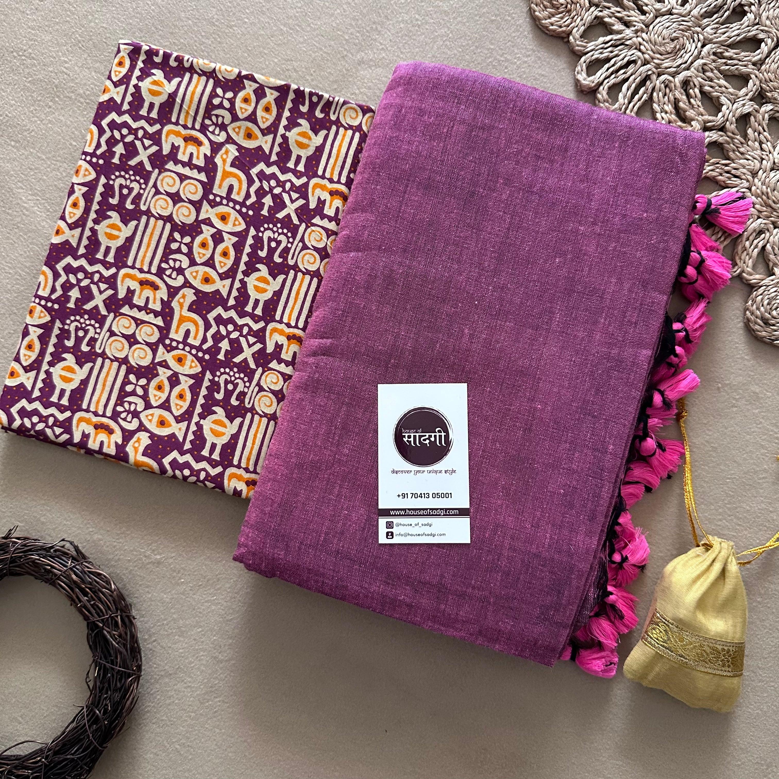 Lavender Handloom Khadi Cotton Saree With Purple Printed Blouse - House Of Sadgi