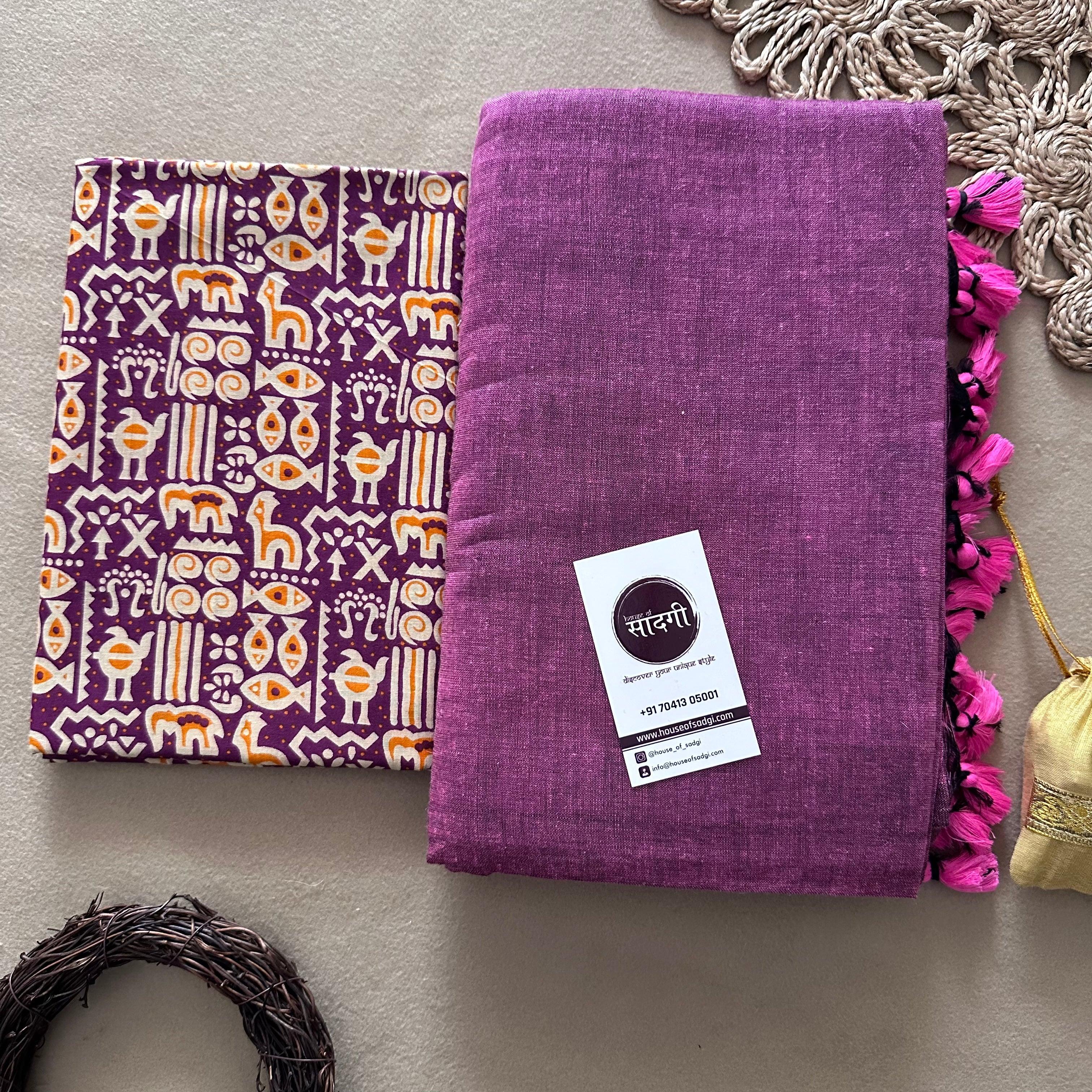 Lavender Handloom Khadi Cotton Saree With Purple Printed Blouse - House Of Sadgi