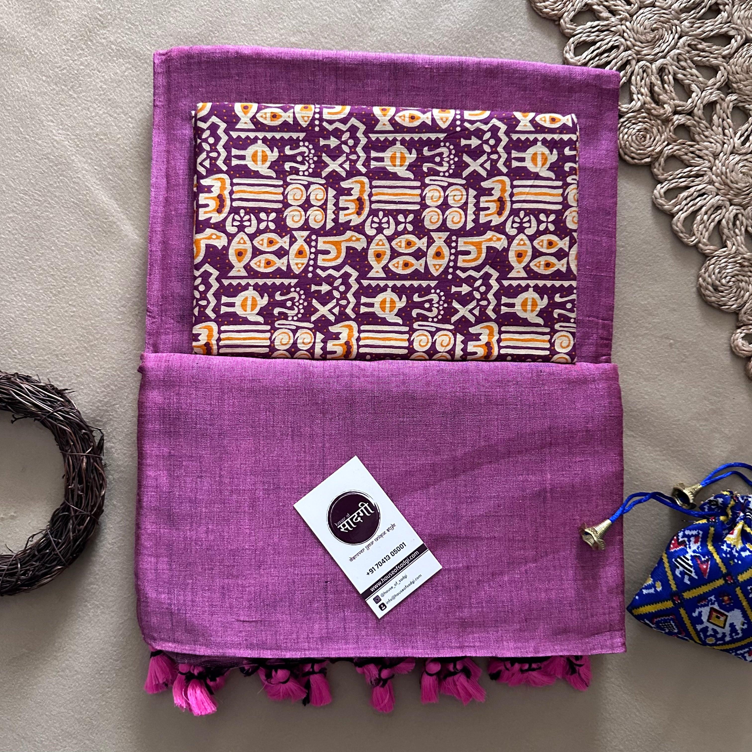 Lavender Handloom Khadi Cotton Saree With Purple Printed Blouse - House Of Sadgi