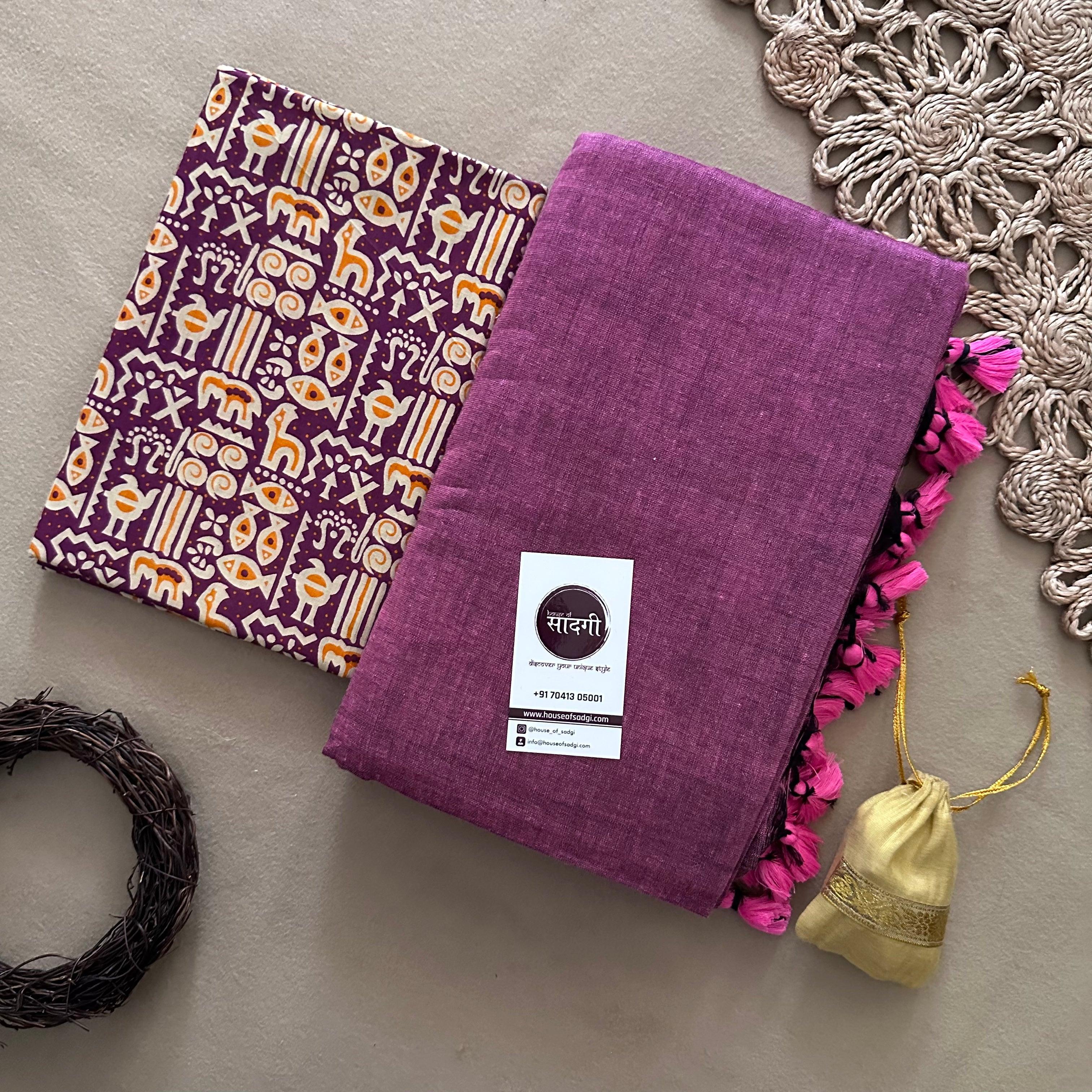 Lavender Handloom Khadi Cotton Saree With Purple Printed Blouse - House Of Sadgi