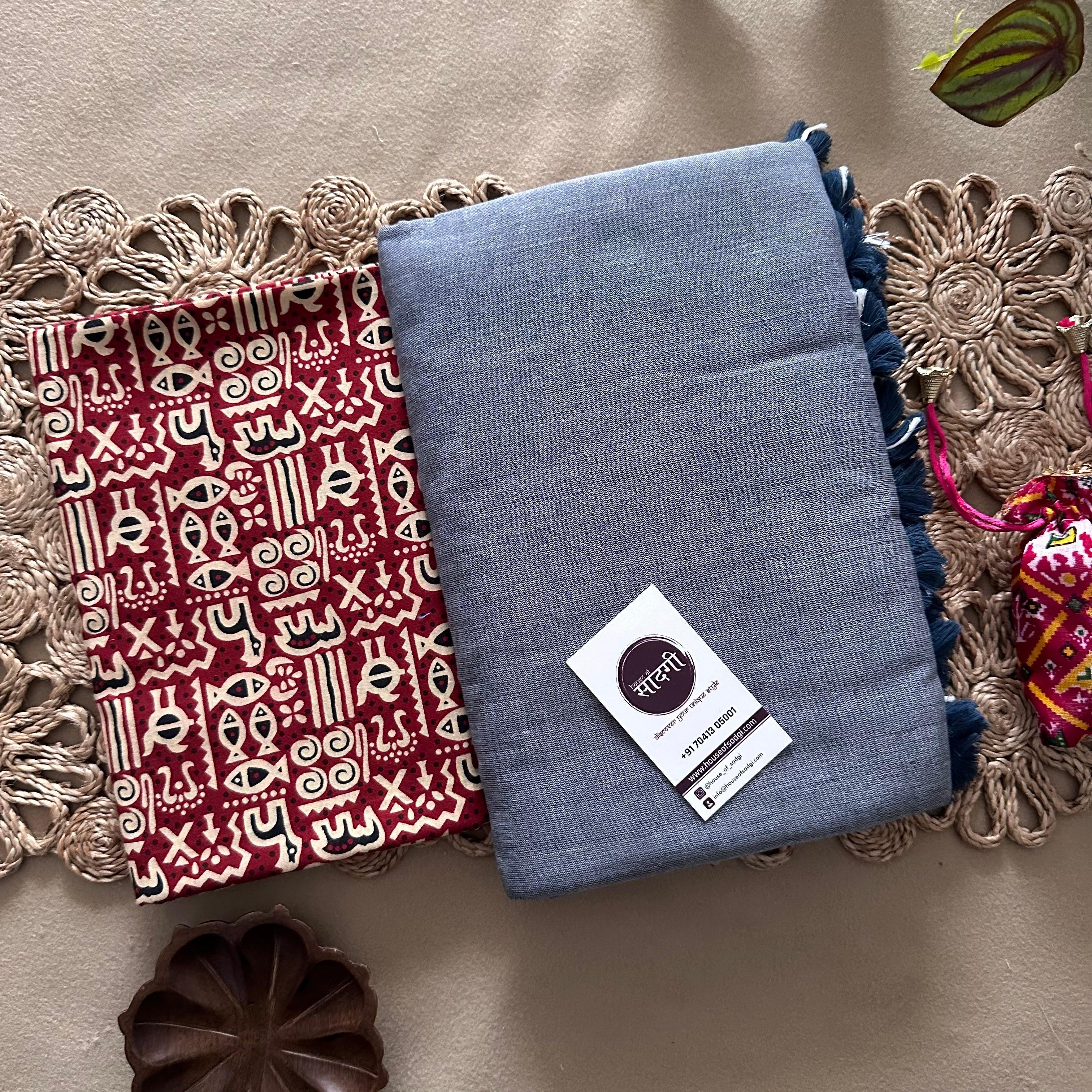 Light Grey Handloom Khadi Cotton Saree With Maroon Printed Blouse - House Of Sadgi