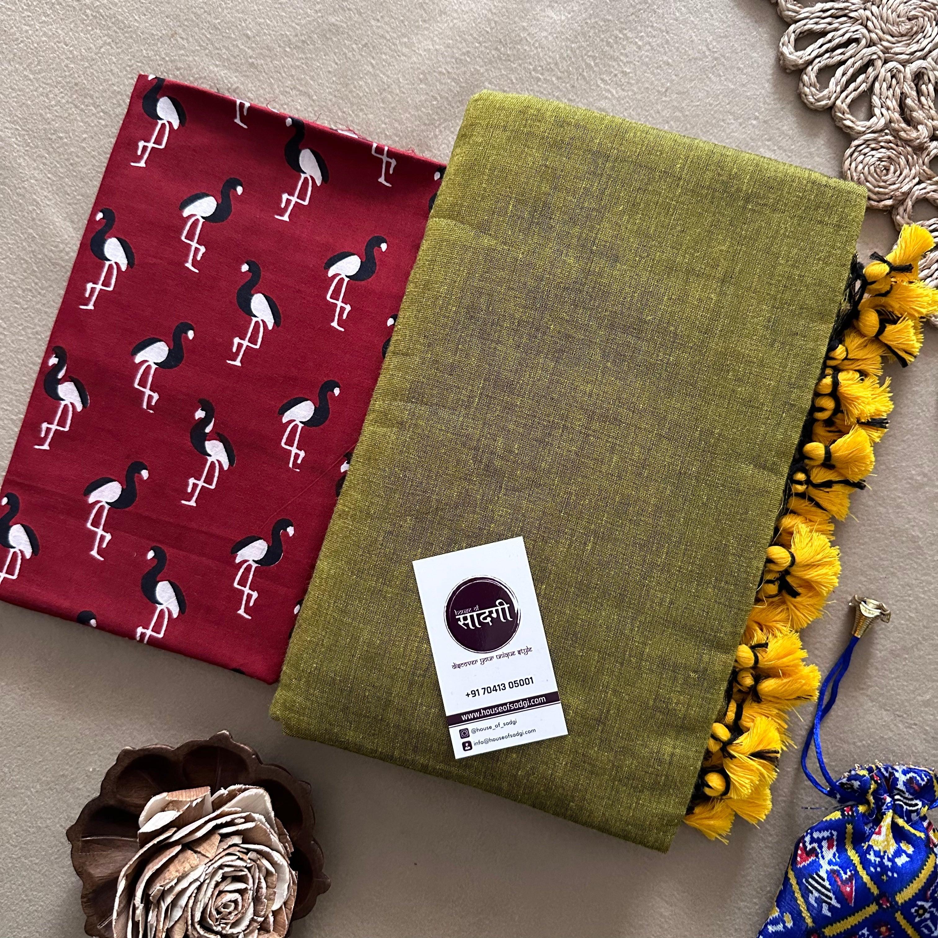 Light Mehndi Handloom Khadi Cotton Saree With Bird Printed Blouse - House Of Sadgi