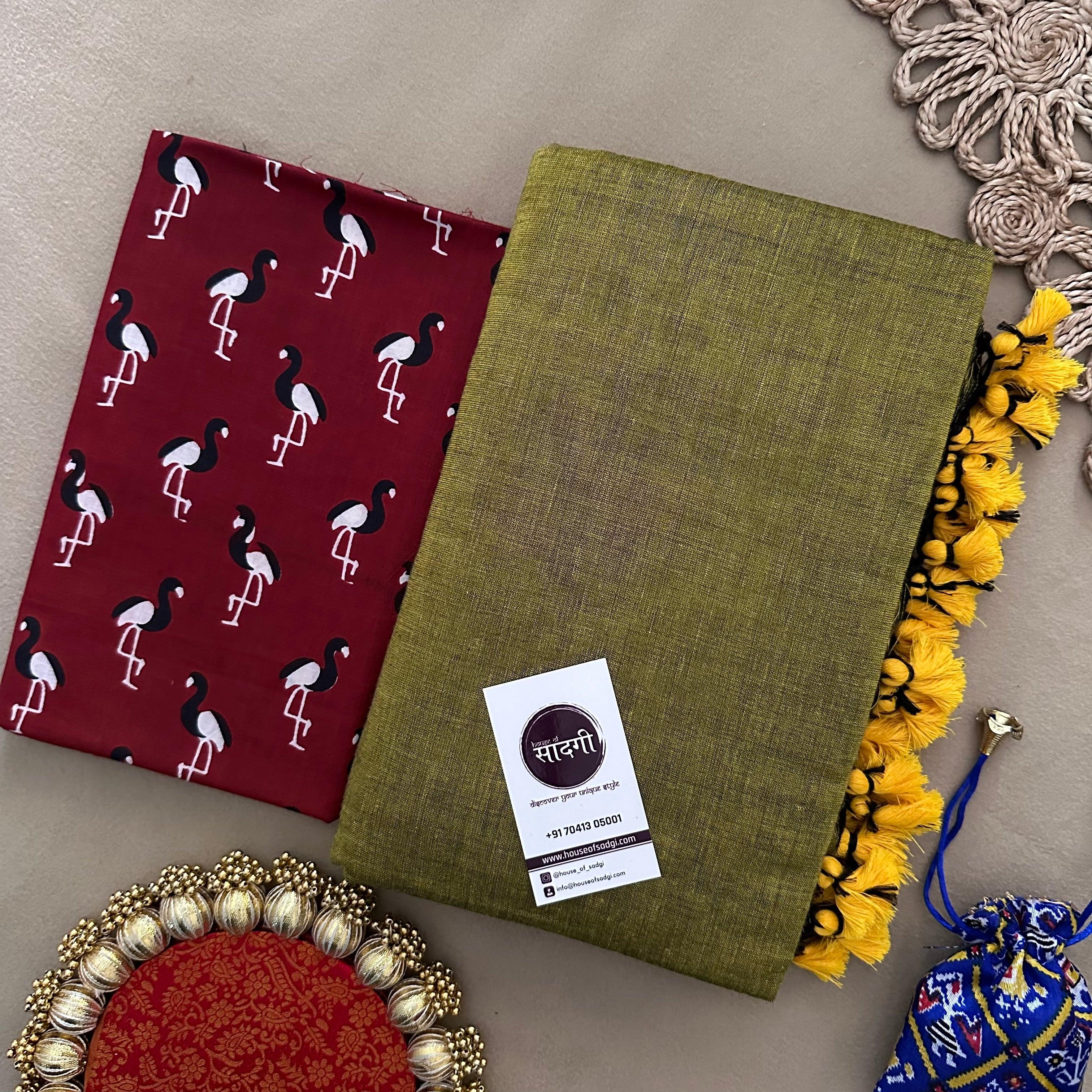 Light Mehndi Handloom Khadi Cotton Saree With Bird Printed Blouse - House Of Sadgi