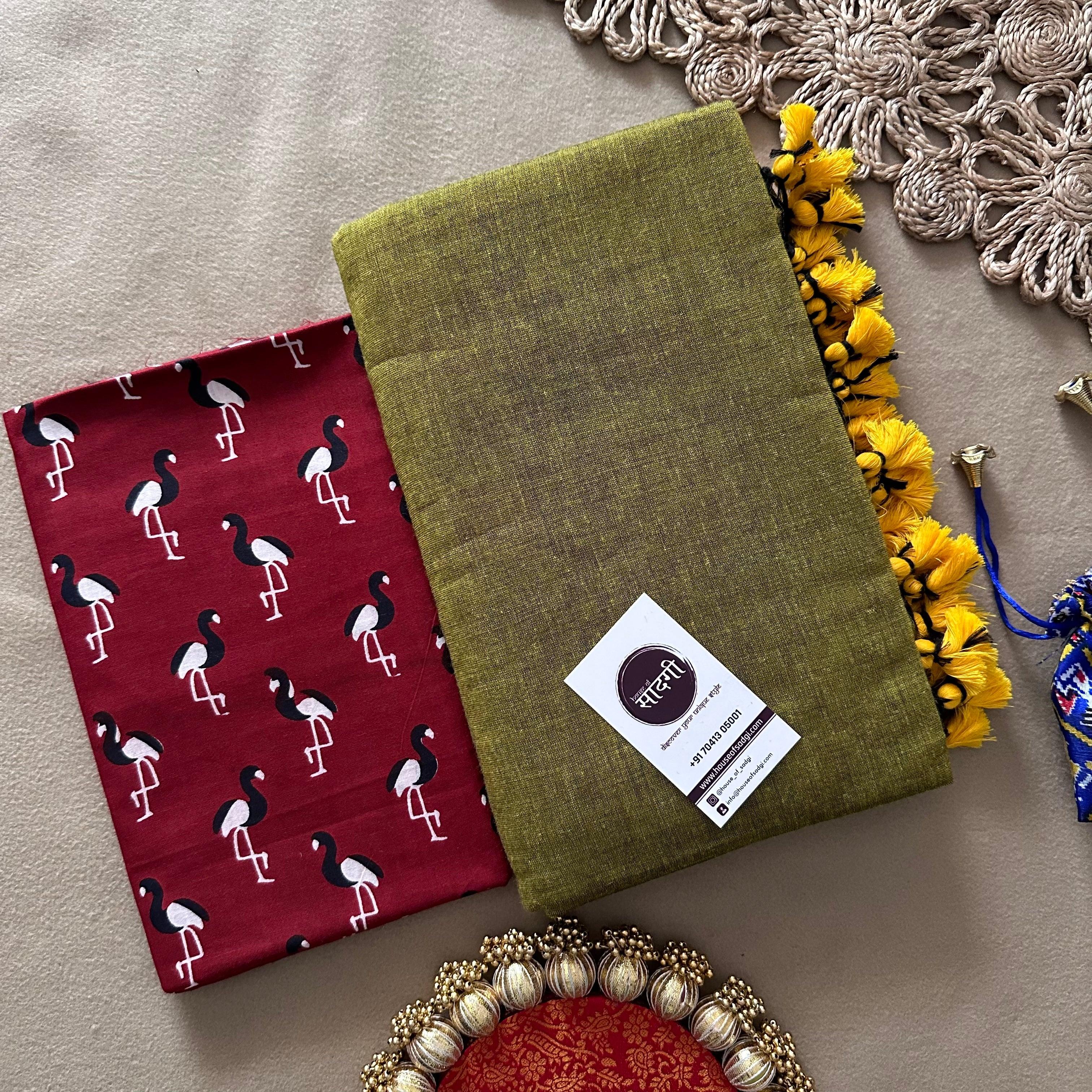 Light Mehndi Handloom Khadi Cotton Saree With Bird Printed Blouse - House Of Sadgi