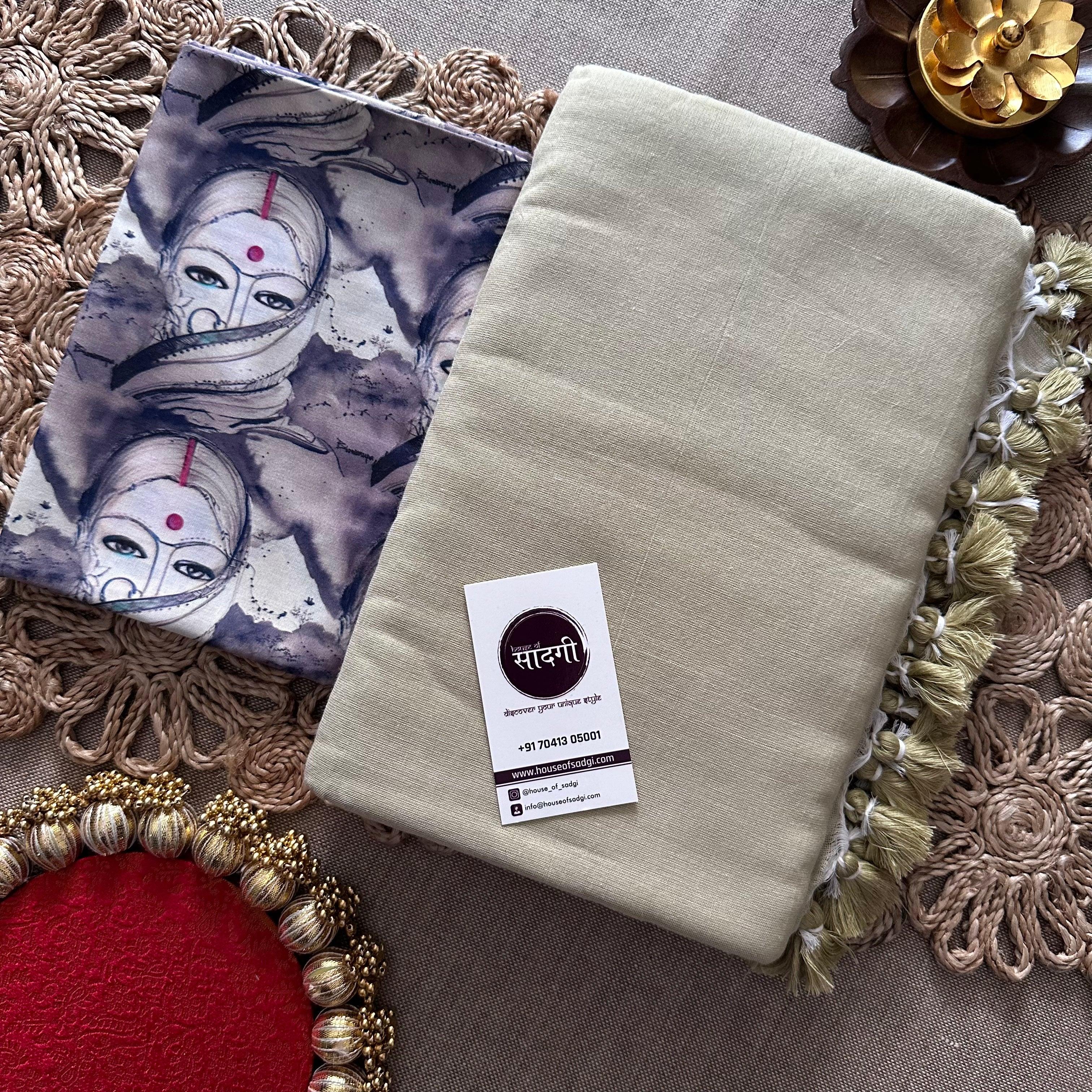 Light Pista Khadi Cotton Saree With Grey Printed Blouse - House Of Sadgi