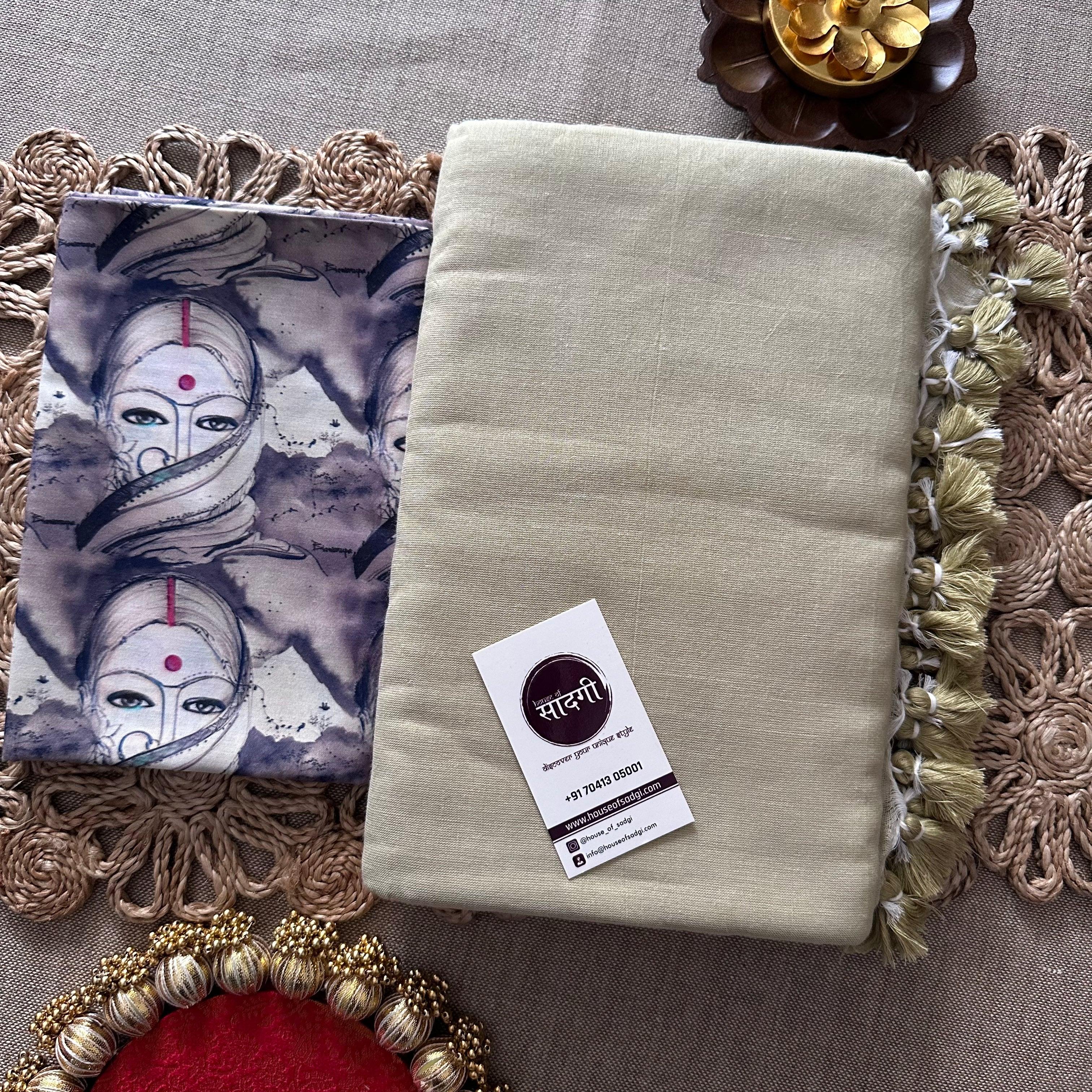 Light Pista Khadi Cotton Saree With Grey Printed Blouse - House Of Sadgi