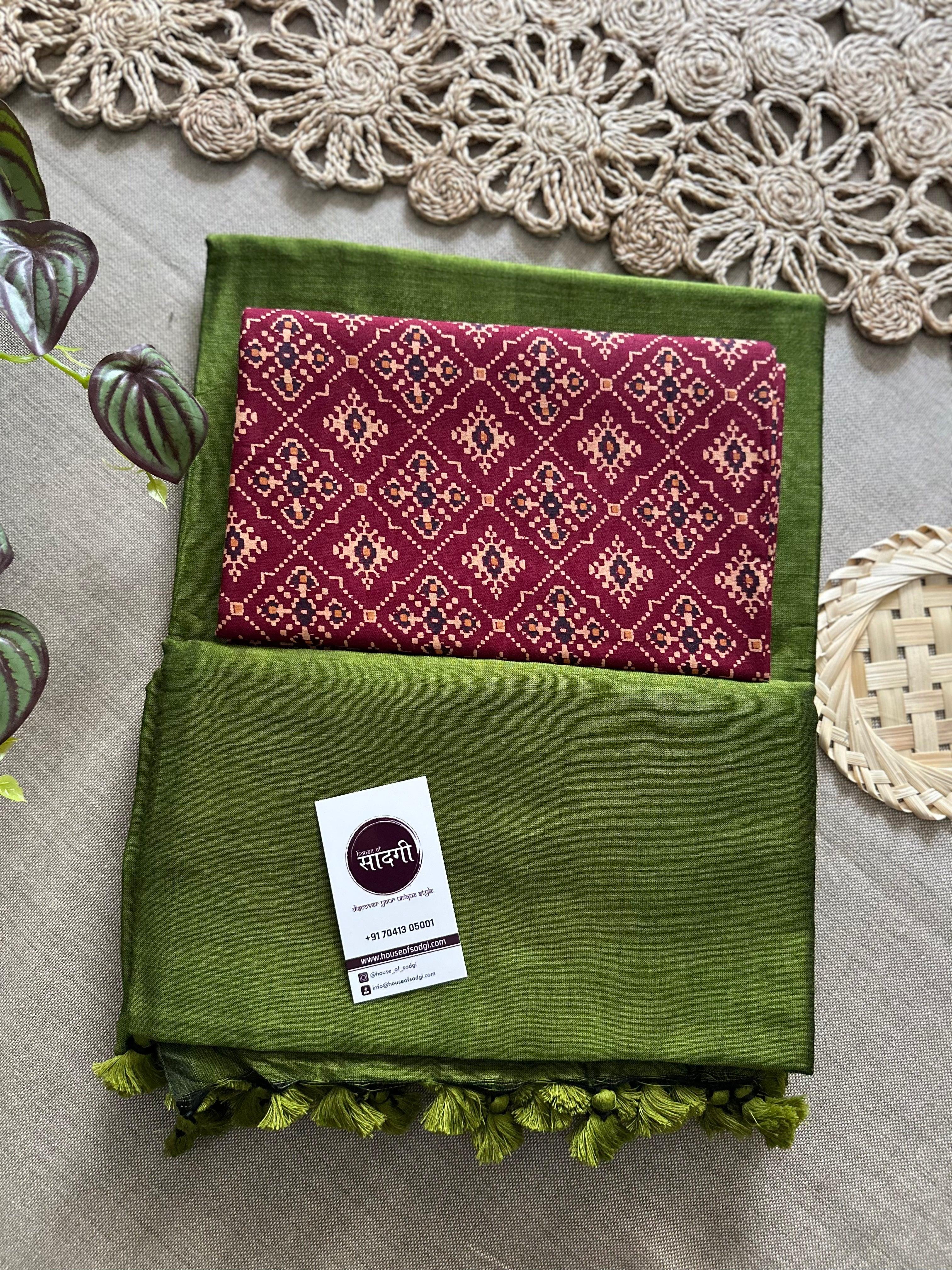 Mahendi Handloom Khadi Cotton Saree With Contrast Color Blouse - House Of Sadgi