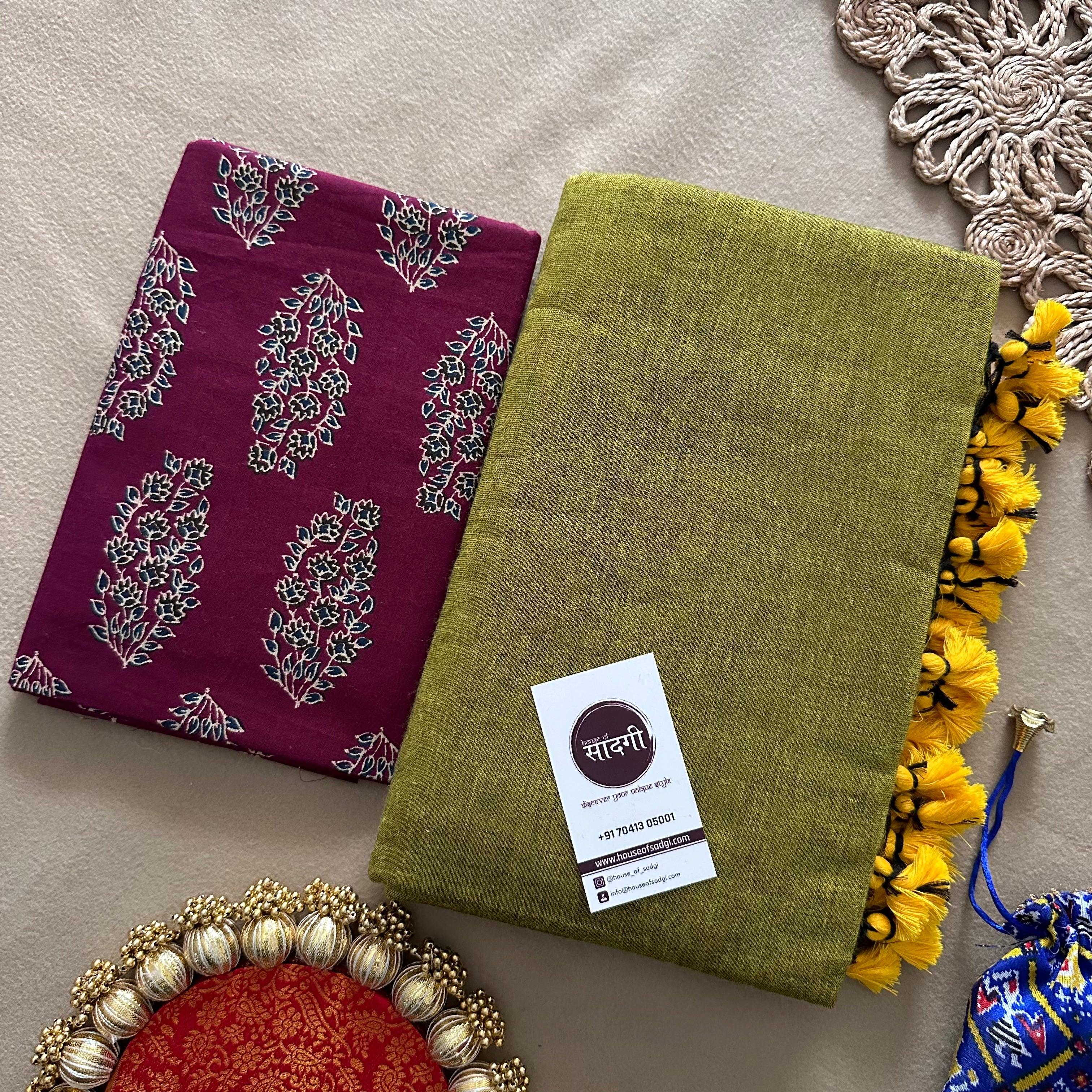 Mahendi Handloom Khadi Cotton Saree With Wine Printed Blouse - House Of Sadgi