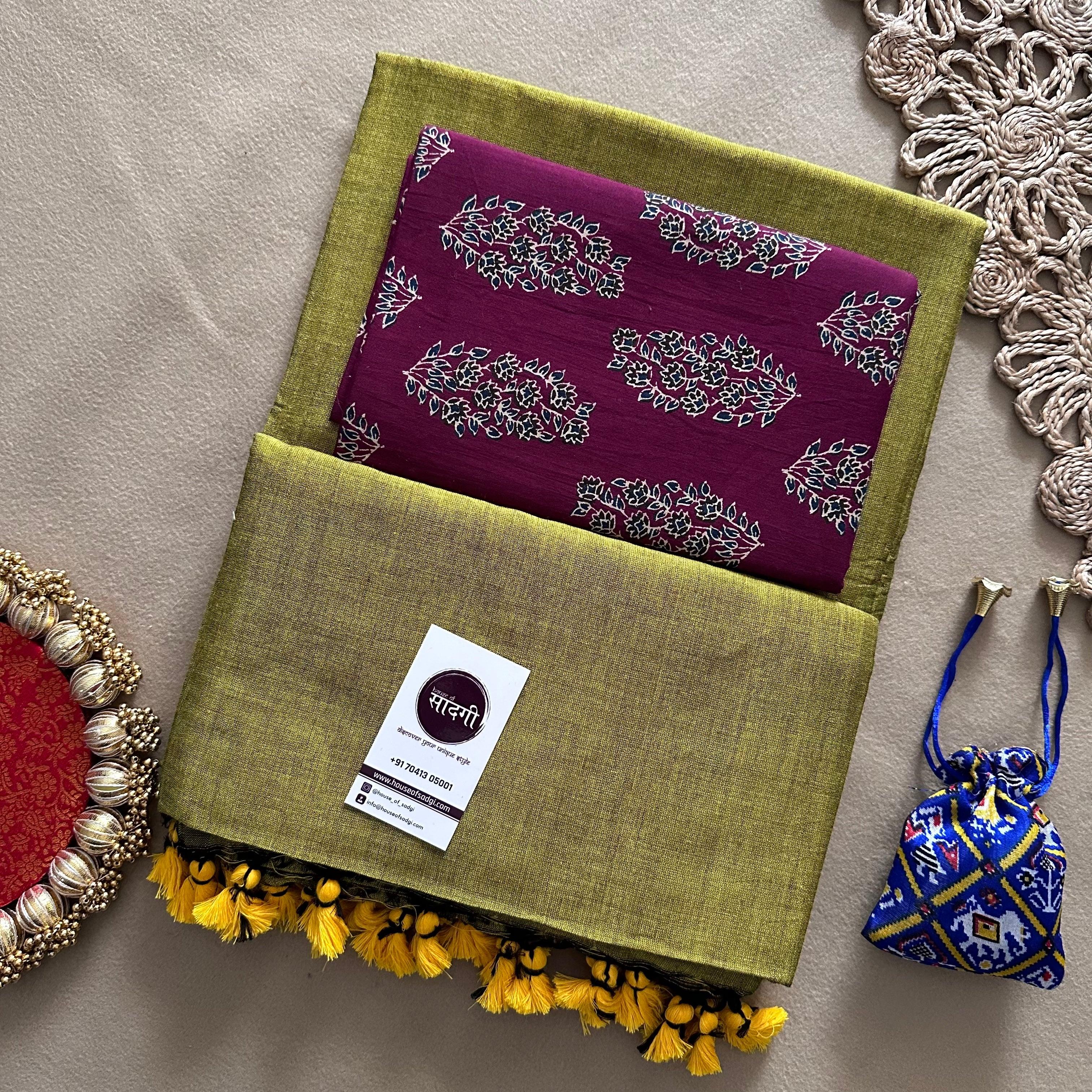 Mahendi Handloom Khadi Cotton Saree With Wine Printed Blouse - House Of Sadgi