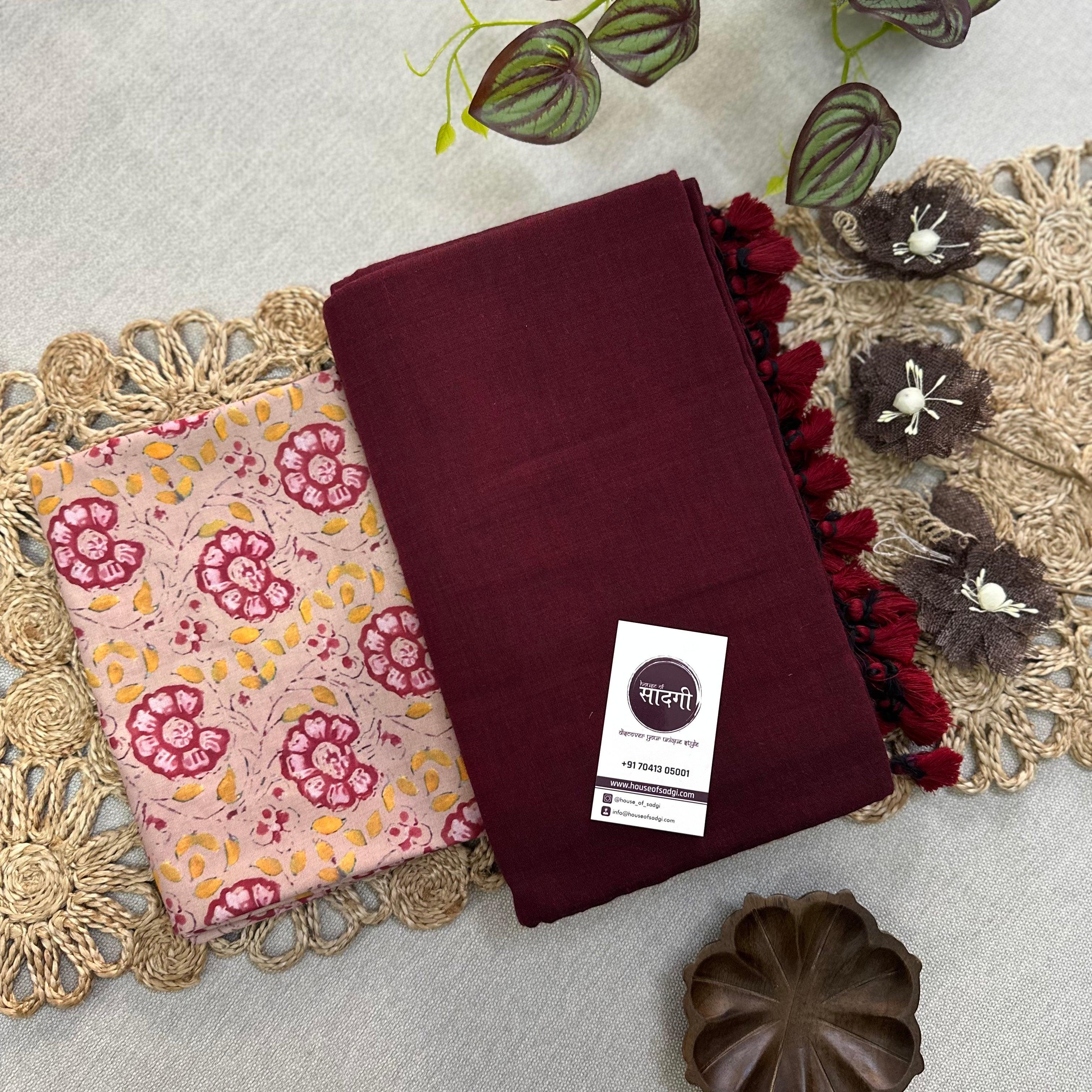 Maroon Handloom Khadi Cotton Saree With Flower Printed Blouse - House Of Sadgi