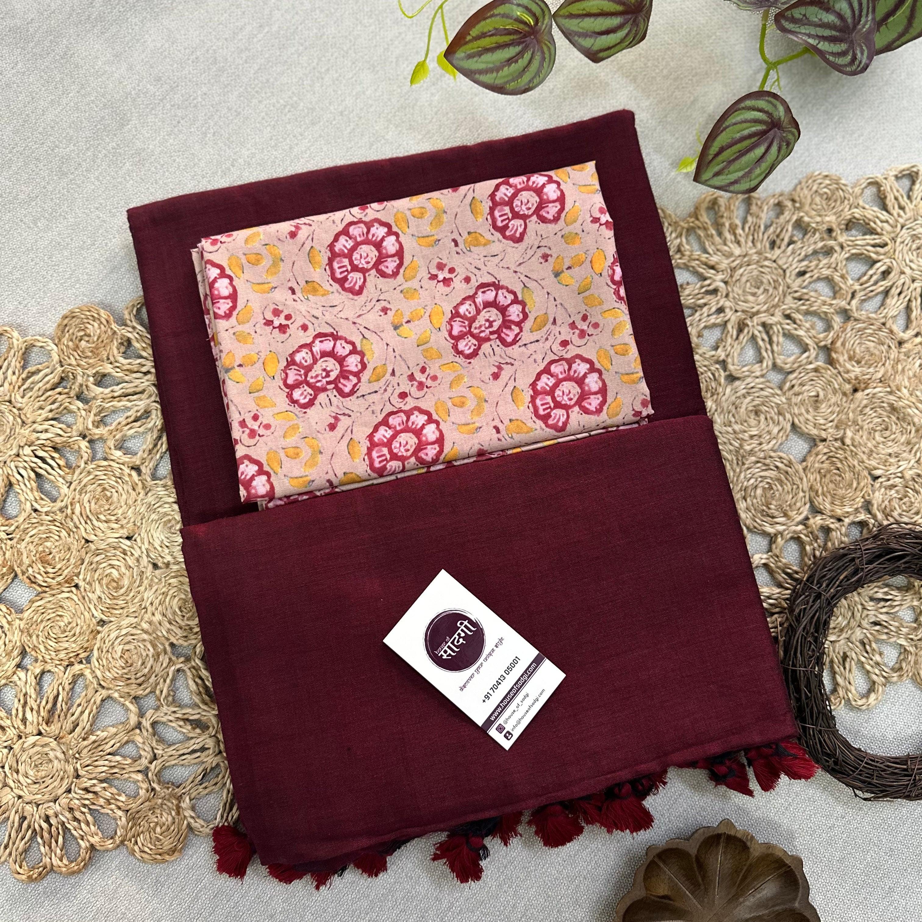 Maroon Handloom Khadi Cotton Saree With Flower Printed Blouse - House Of Sadgi