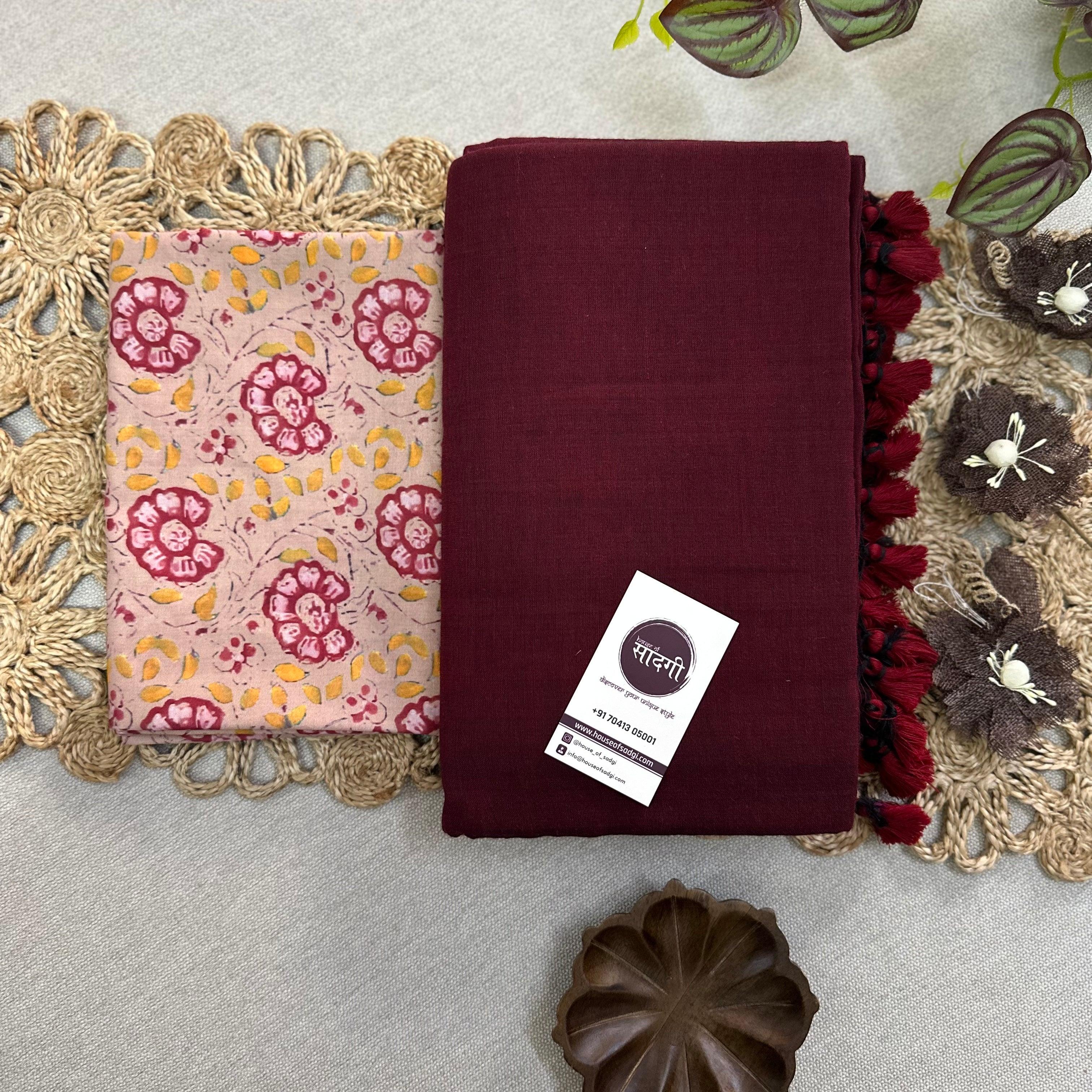 Maroon Handloom Khadi Cotton Saree With Flower Printed Blouse - House Of Sadgi