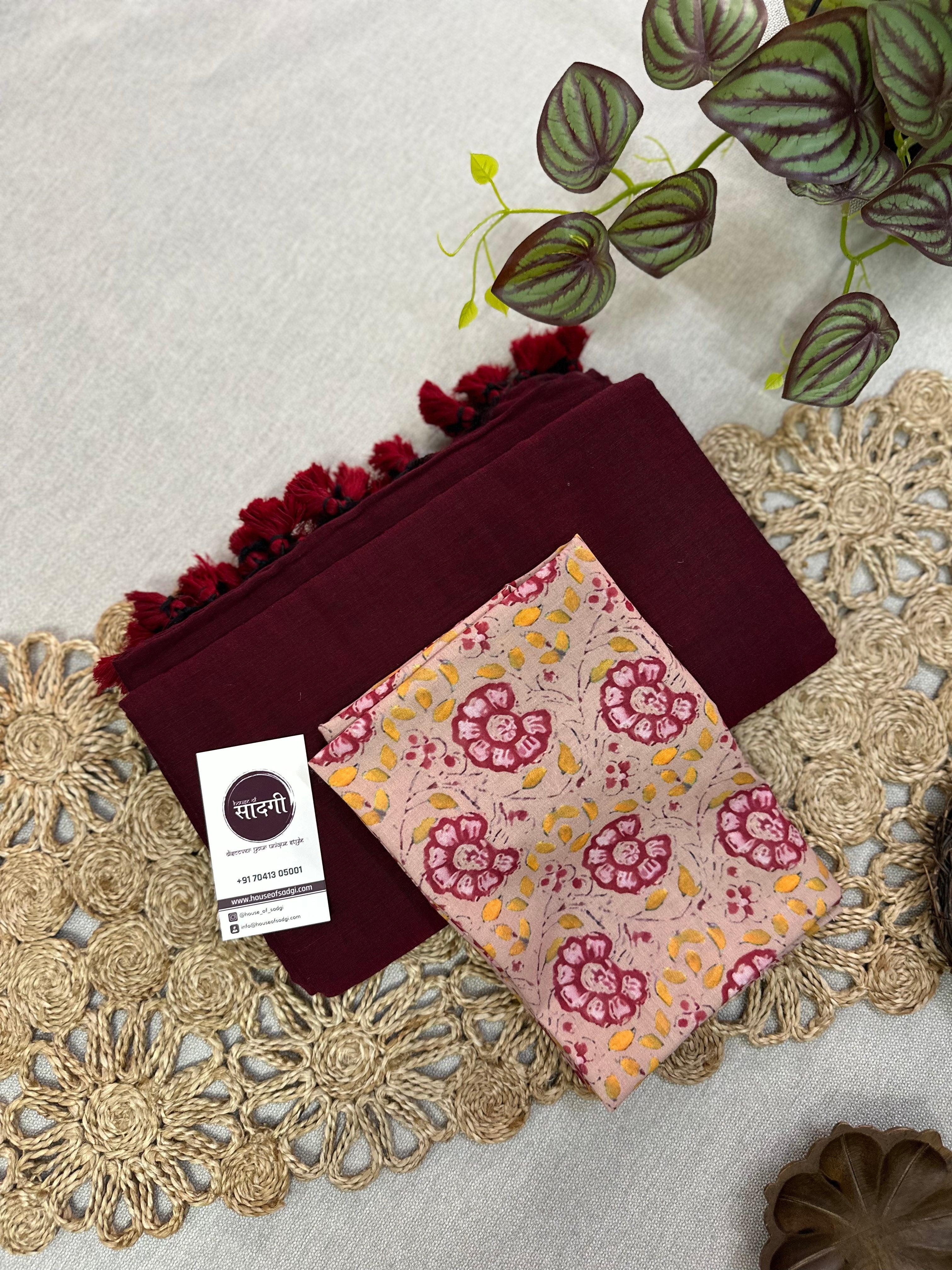 Maroon Handloom Khadi Cotton Saree With Flower Printed Blouse - House Of Sadgi