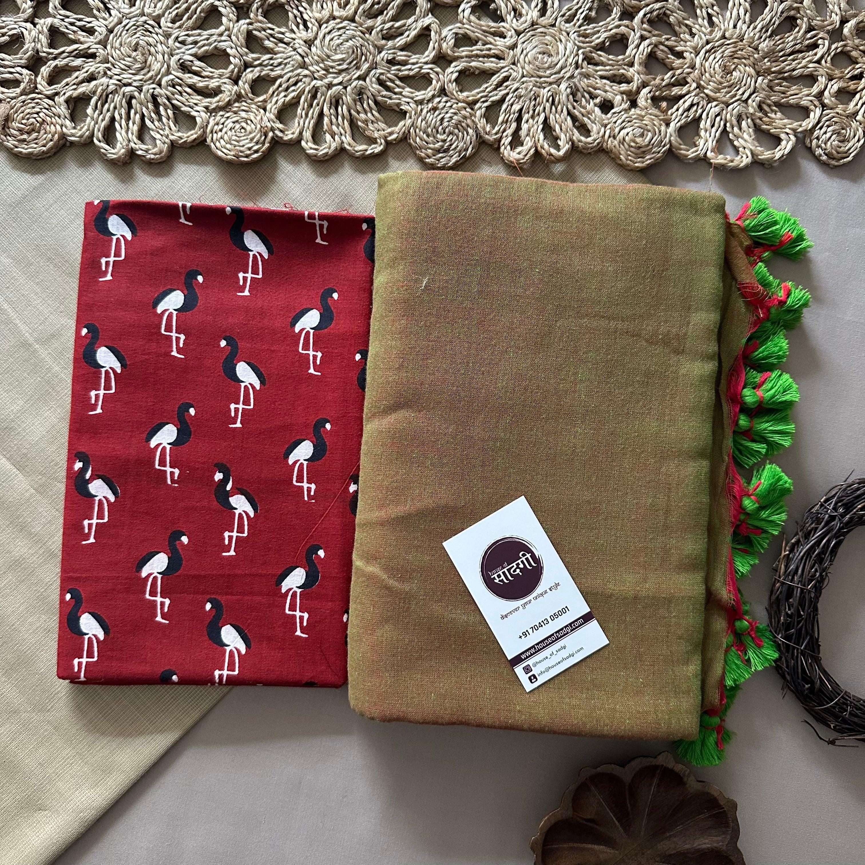 Mehendi Dual Tone Khadi Cotton Saree With Bird Printed Blouse - House Of Sadgi