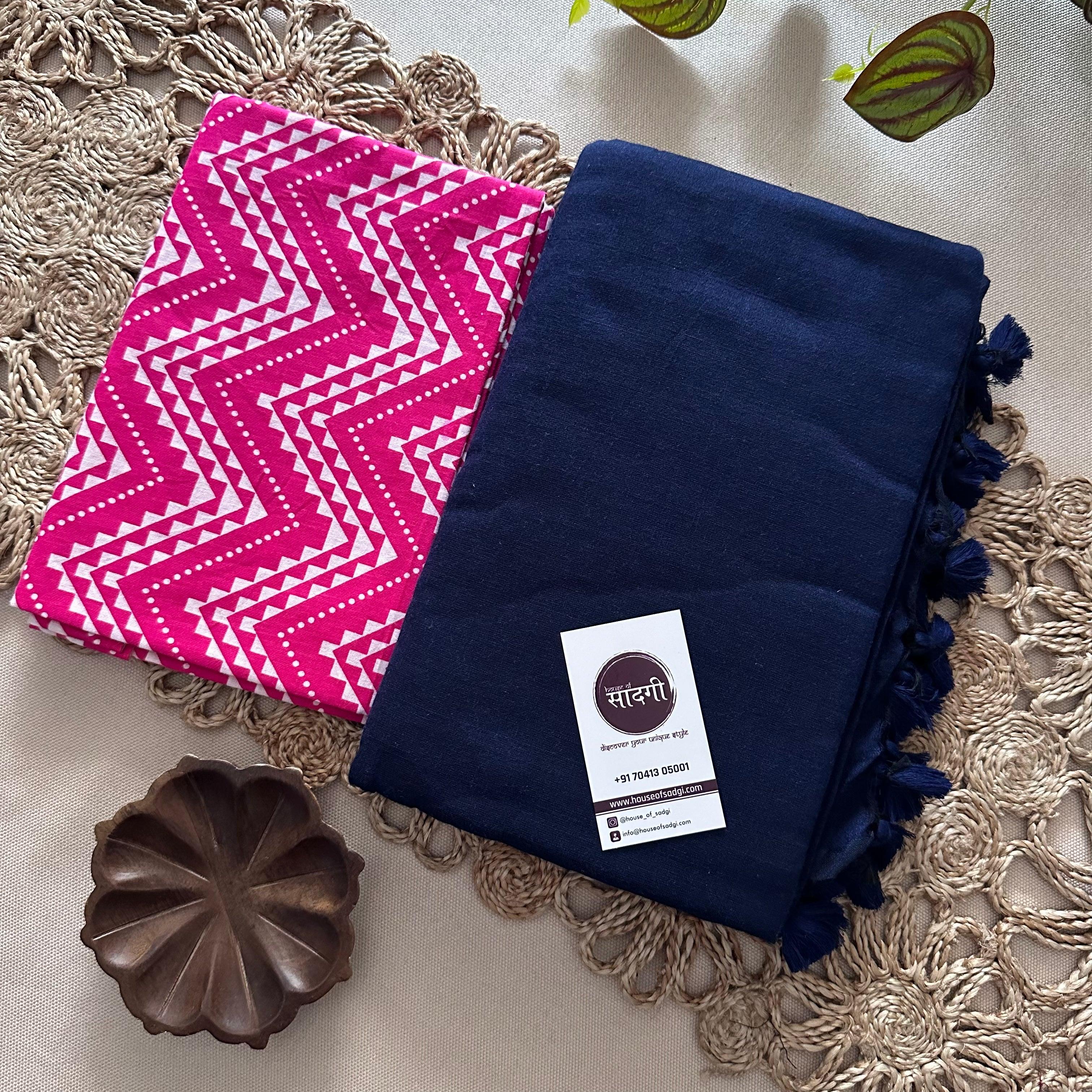 Navy Blue Dual Tone Khadi Cotton Saree With Zig Zag Printed Blouse - House Of Sadgi