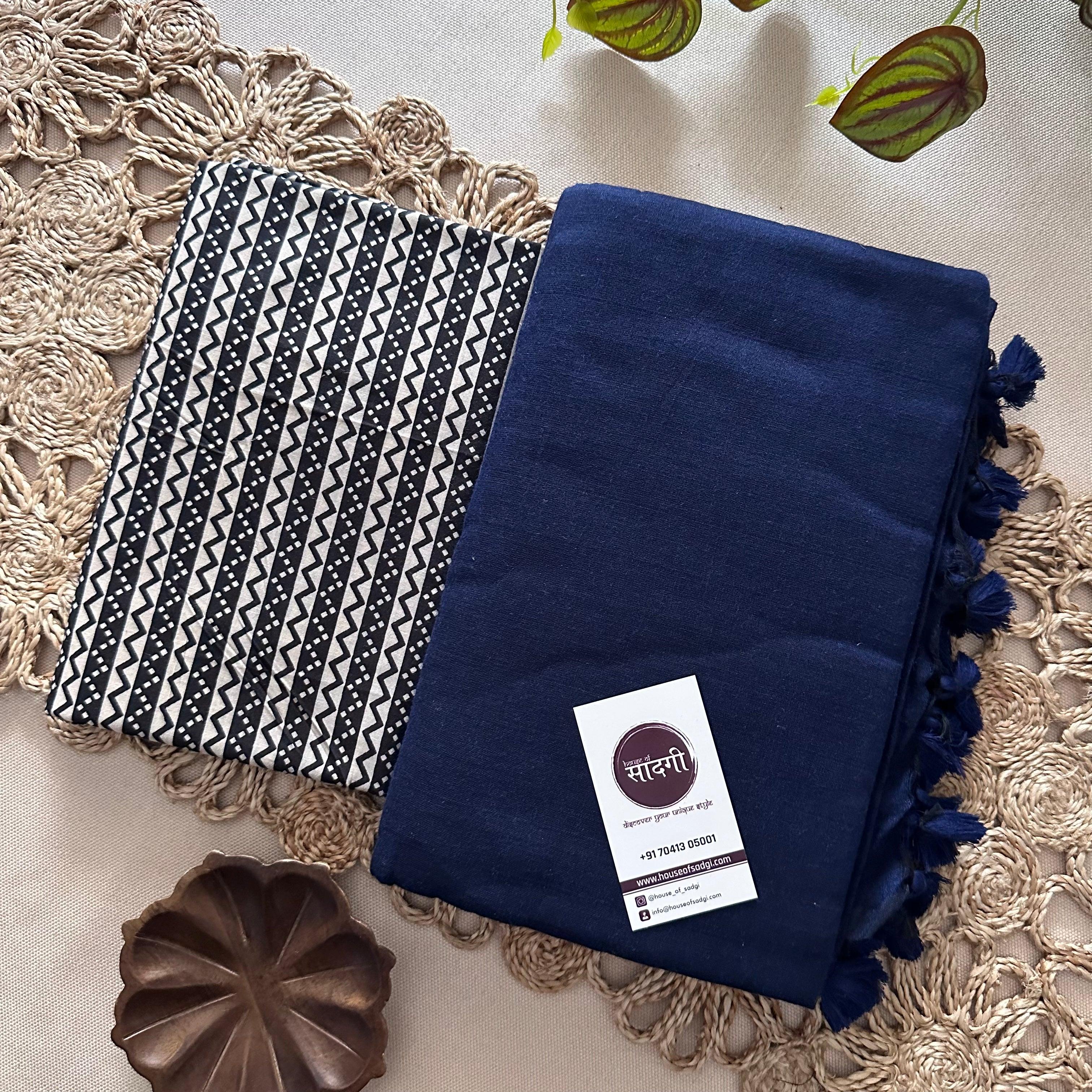 Navy Blue Khadi Cotton Saree With Black Printed Blouse - House Of Sadgi