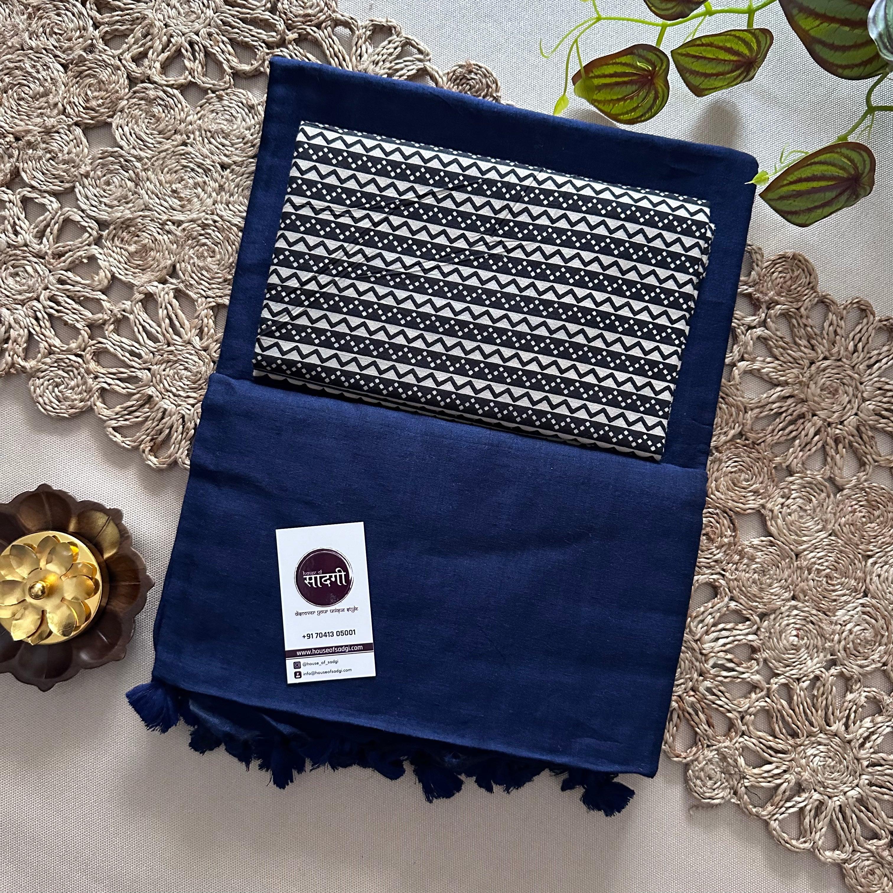 Navy Blue Khadi Cotton Saree With Black Printed Blouse - House Of Sadgi