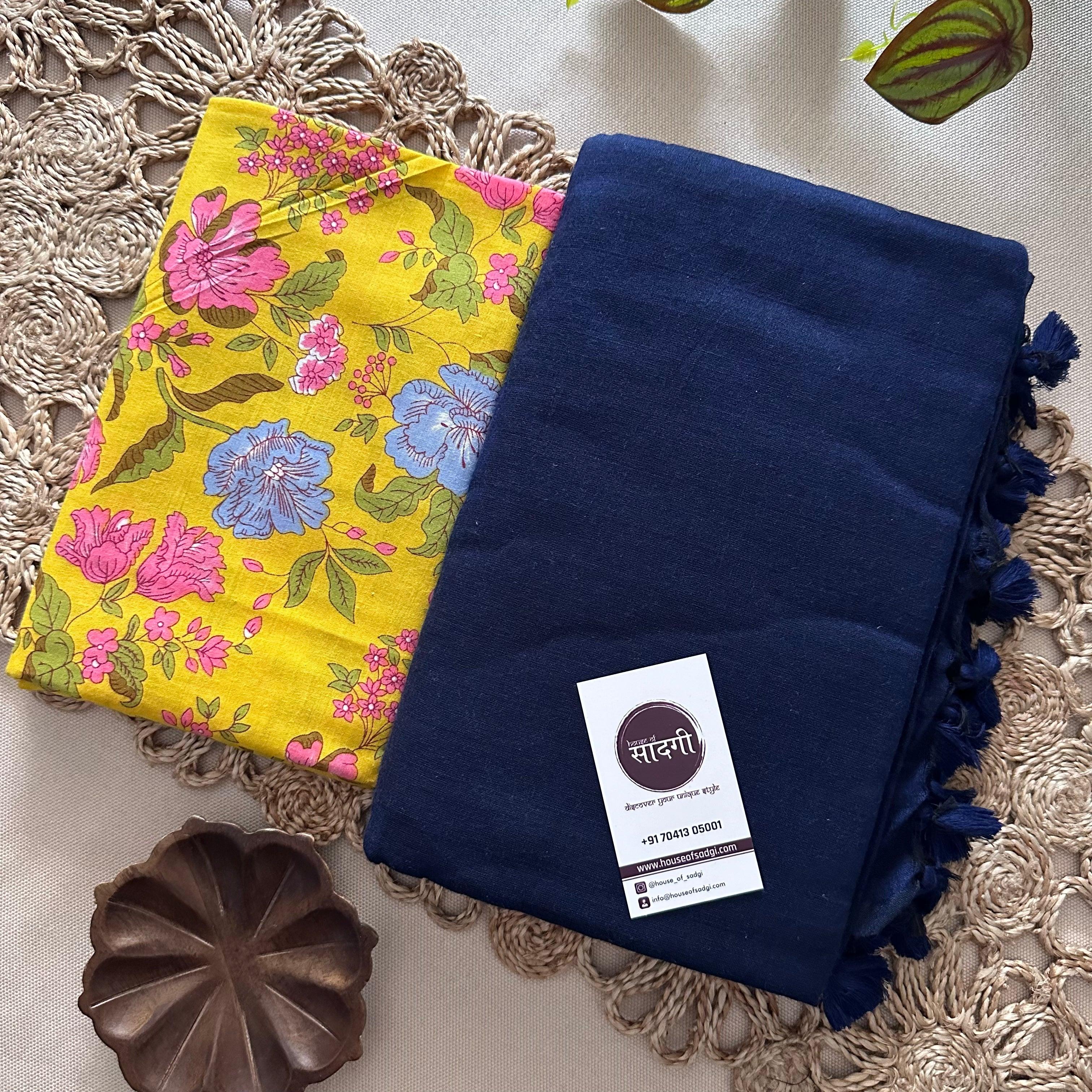 Navy Blue Khadi Cotton Saree With Flower Printed Blouse - House Of Sadgi