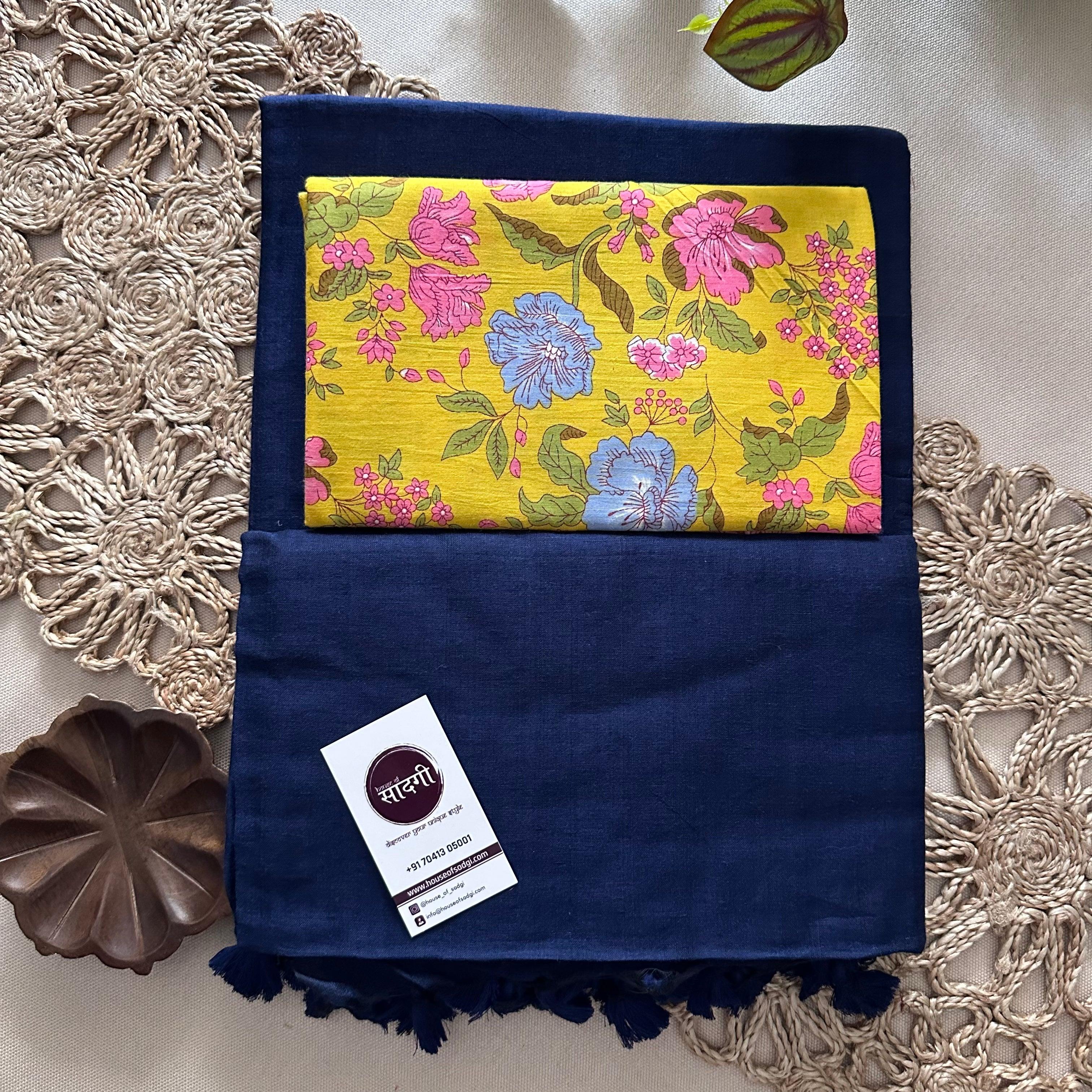 Navy Blue Khadi Cotton Saree With Flower Printed Blouse - House Of Sadgi