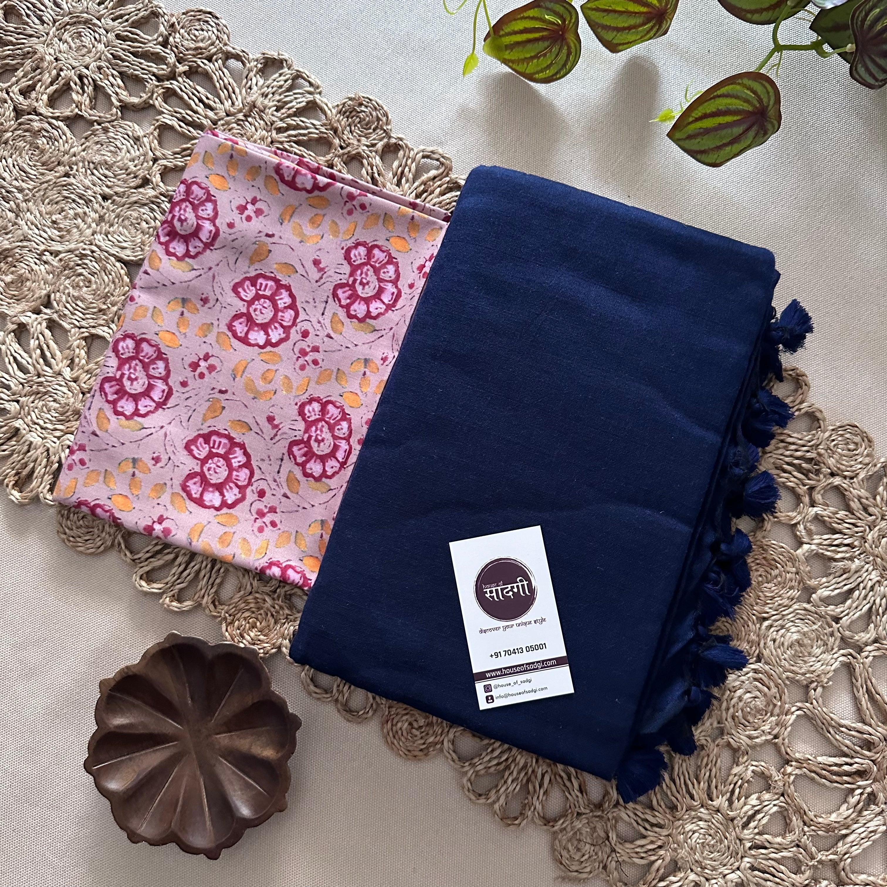 Navy Blue Khadi Cotton Saree With Flower Printed Blouse - House Of Sadgi