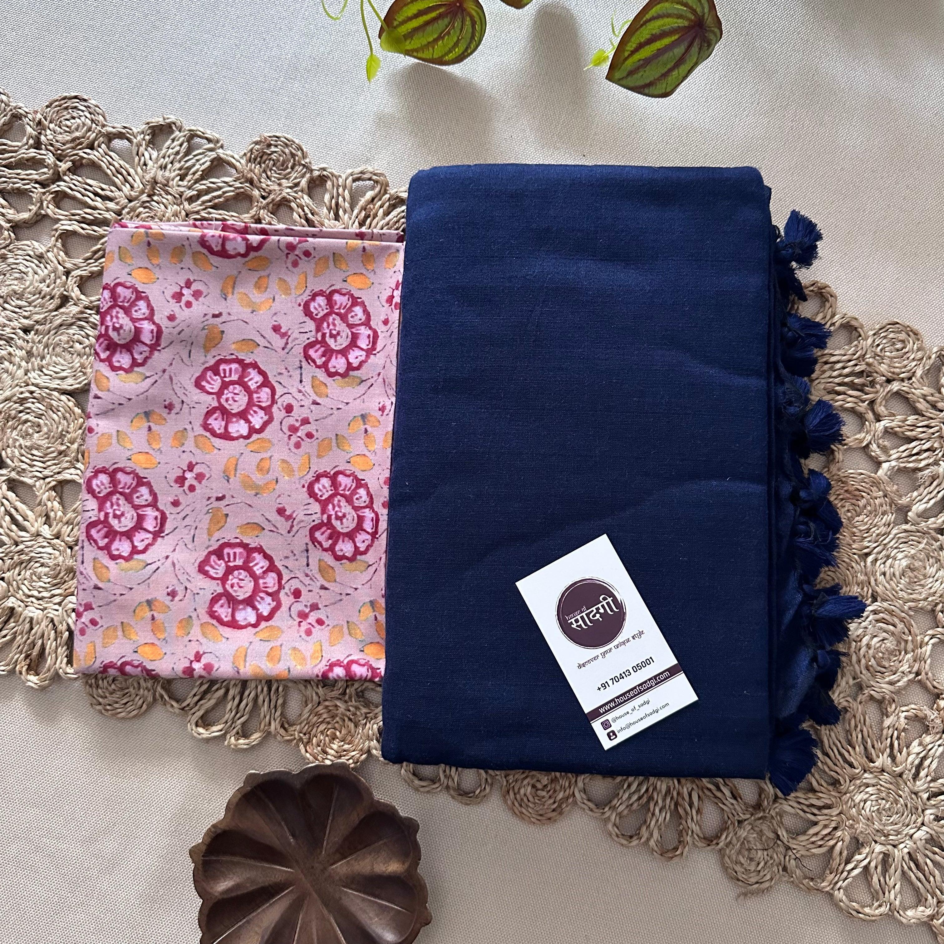 Navy Blue Khadi Cotton Saree With Flower Printed Blouse - House Of Sadgi