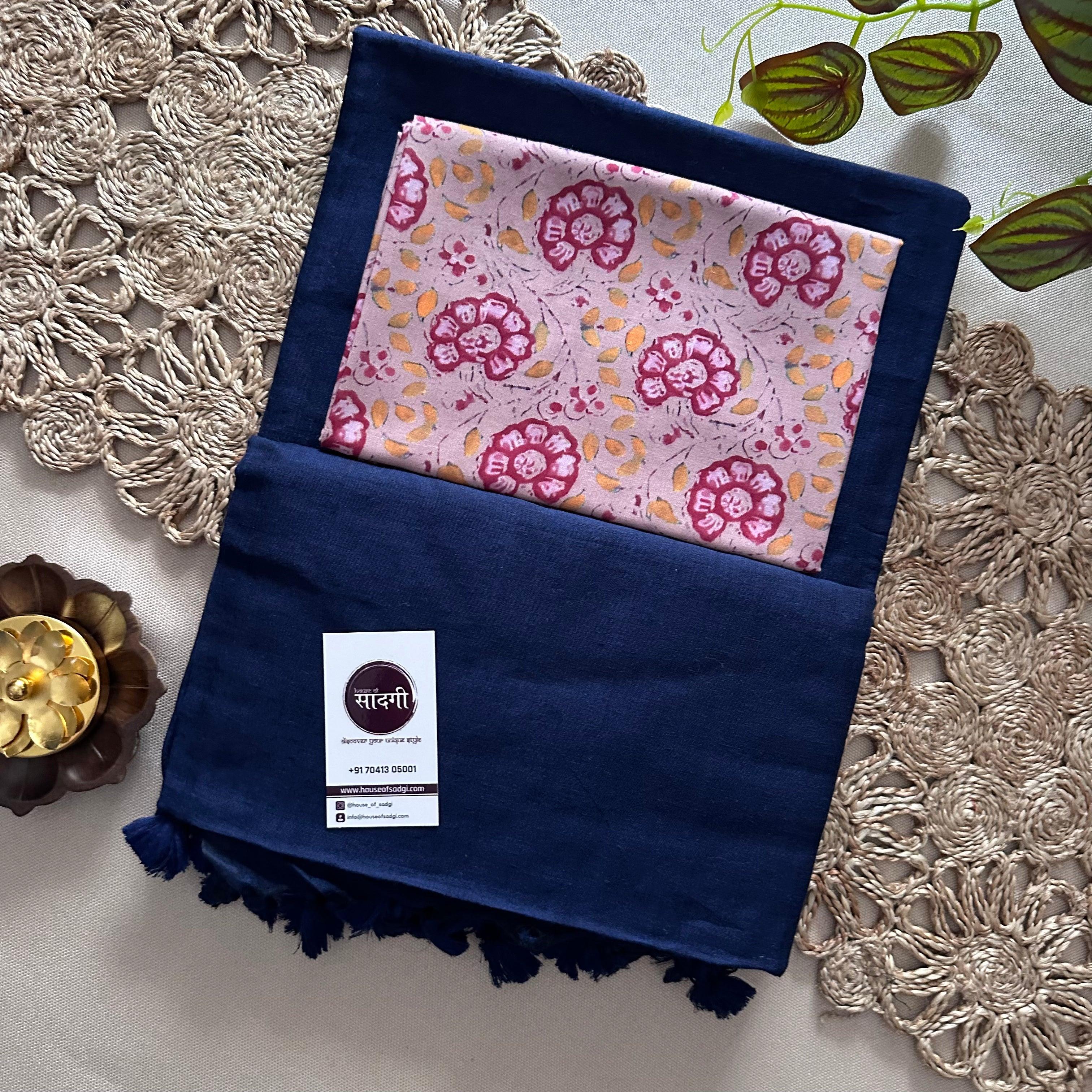 Navy Blue Khadi Cotton Saree With Flower Printed Blouse - House Of Sadgi