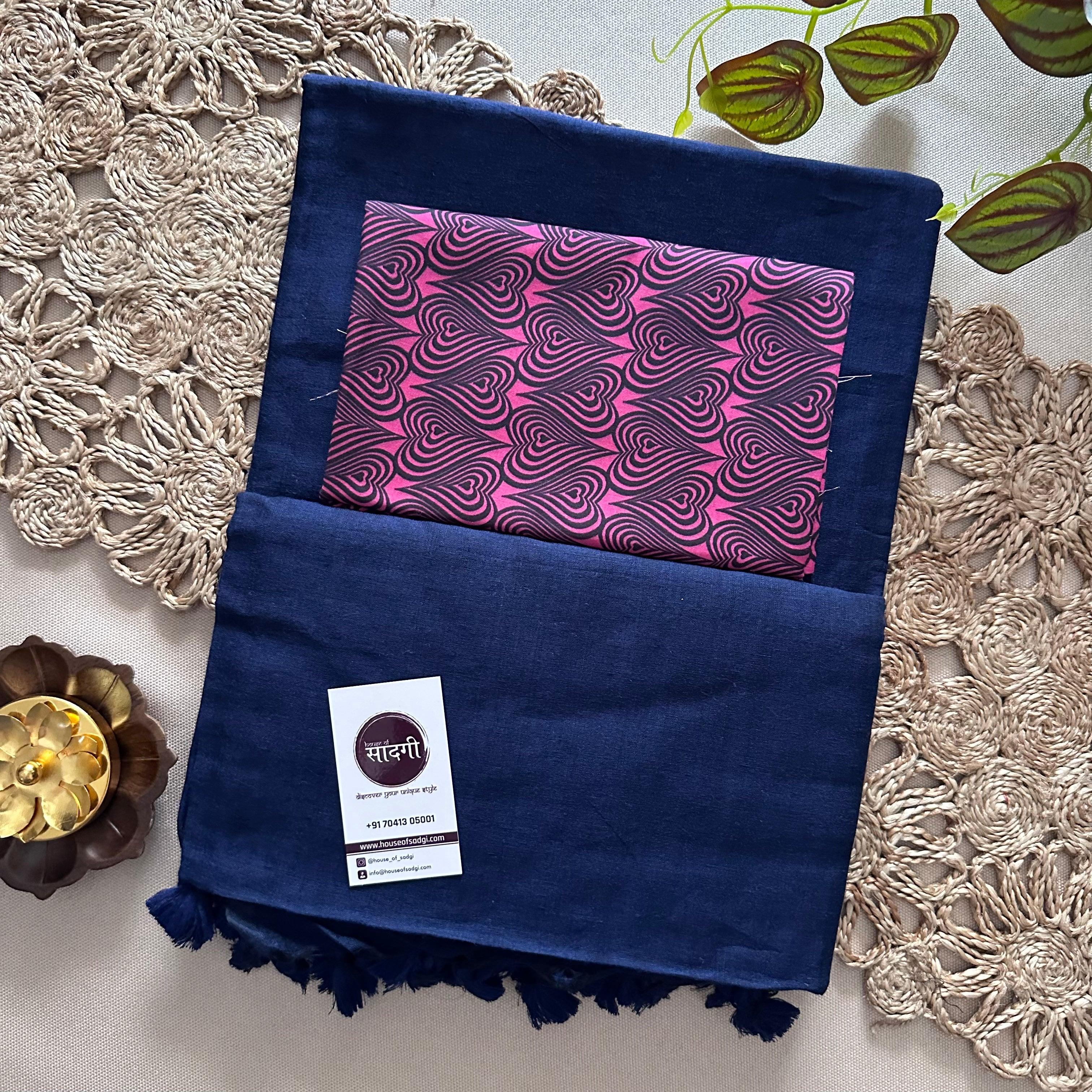 Navy Blue Khadi Cotton Saree With Heart Printed Blouse - House Of Sadgi