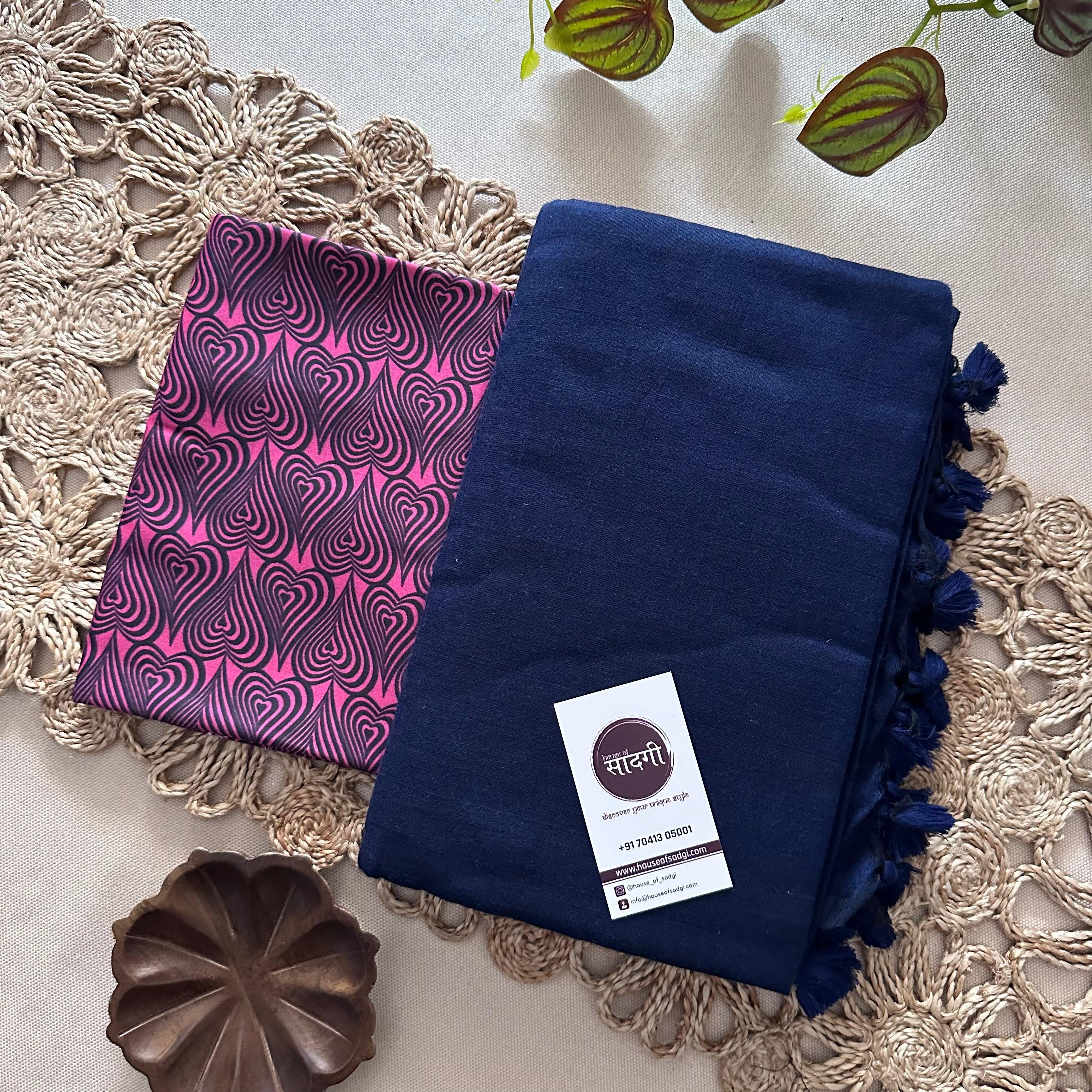 Navy Blue Khadi Cotton Saree With Heart Printed Blouse - House Of Sadgi