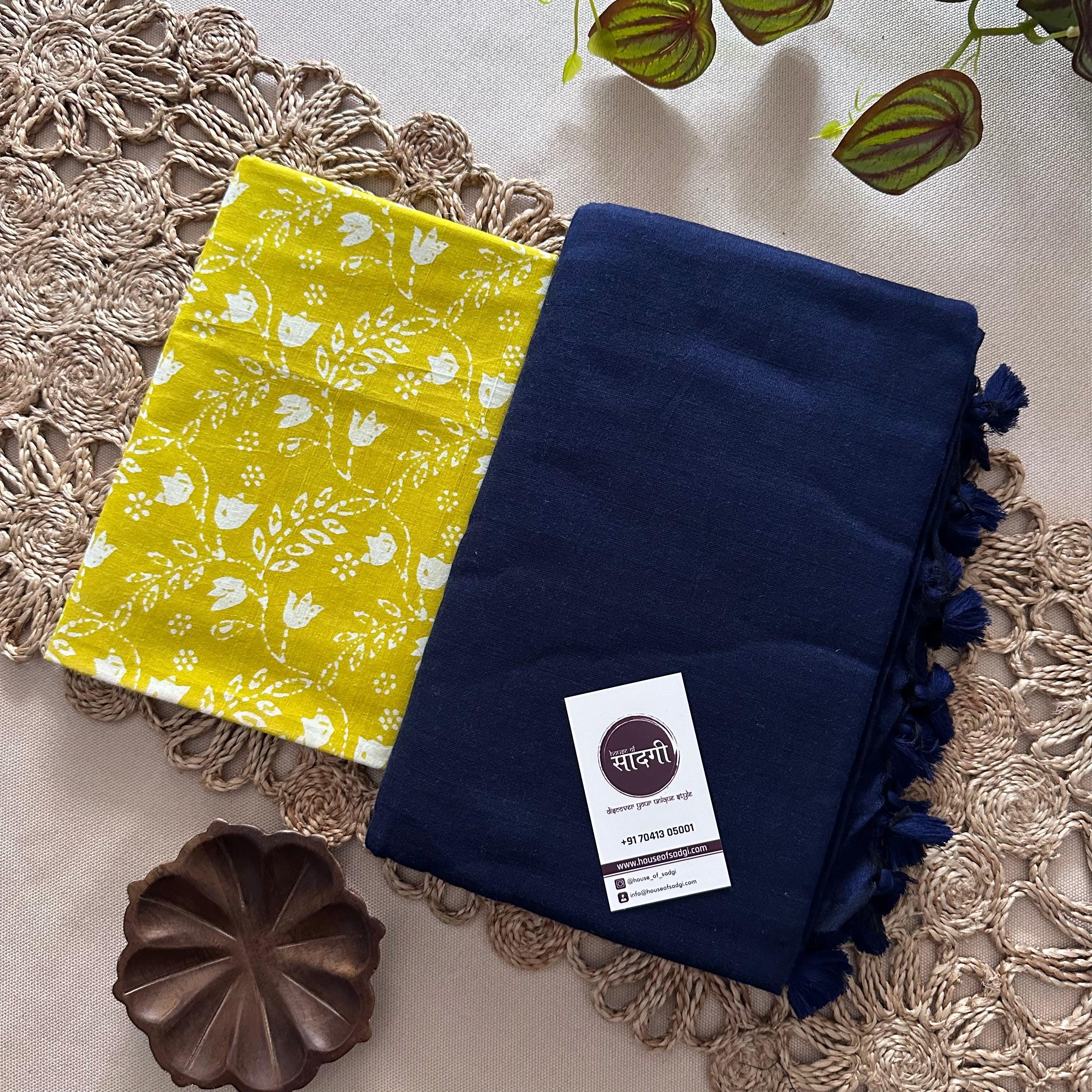 Navy Blue Khadi Cotton Saree With Perrot Printed Blouse - House Of Sadgi