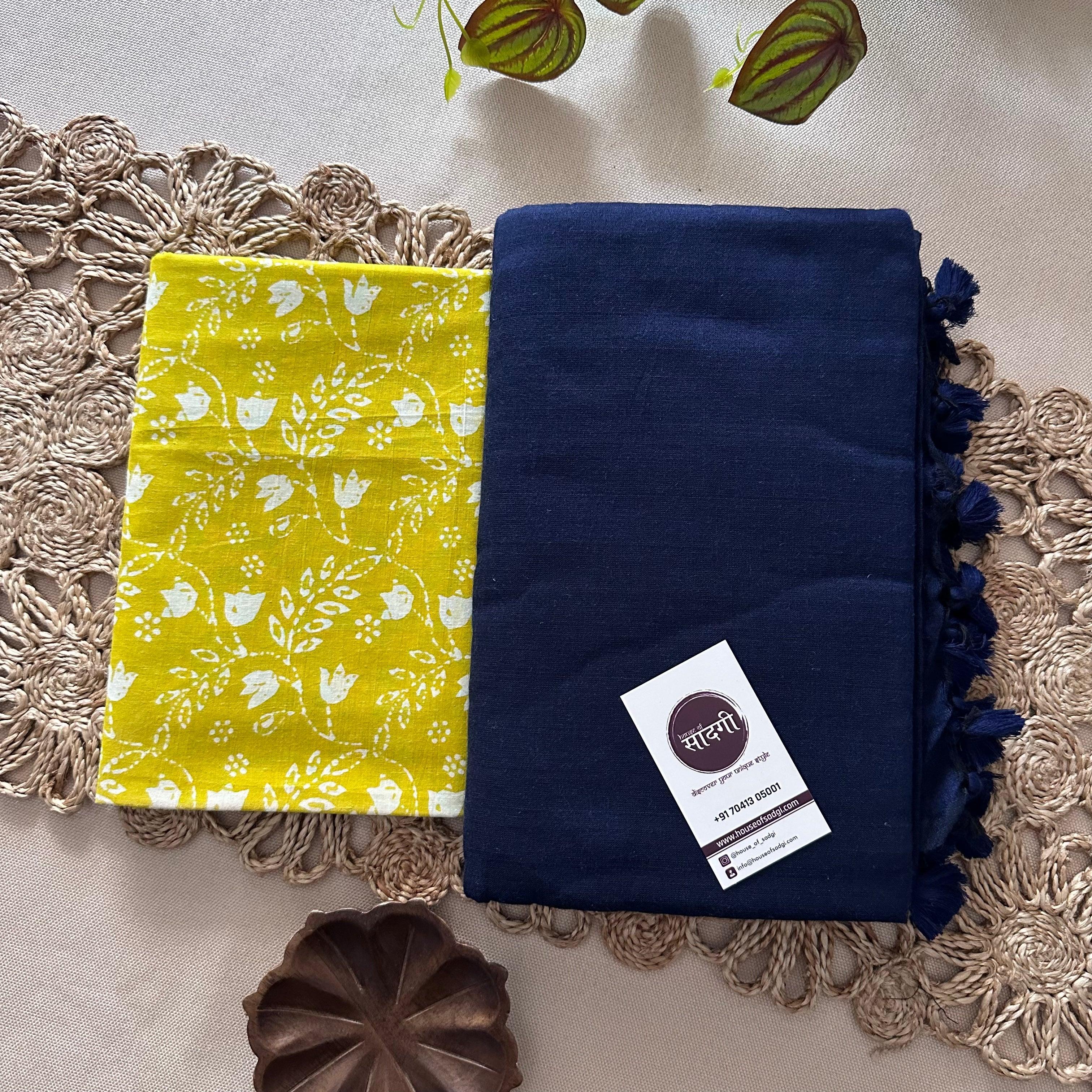 Navy Blue Khadi Cotton Saree With Perrot Printed Blouse - House Of Sadgi