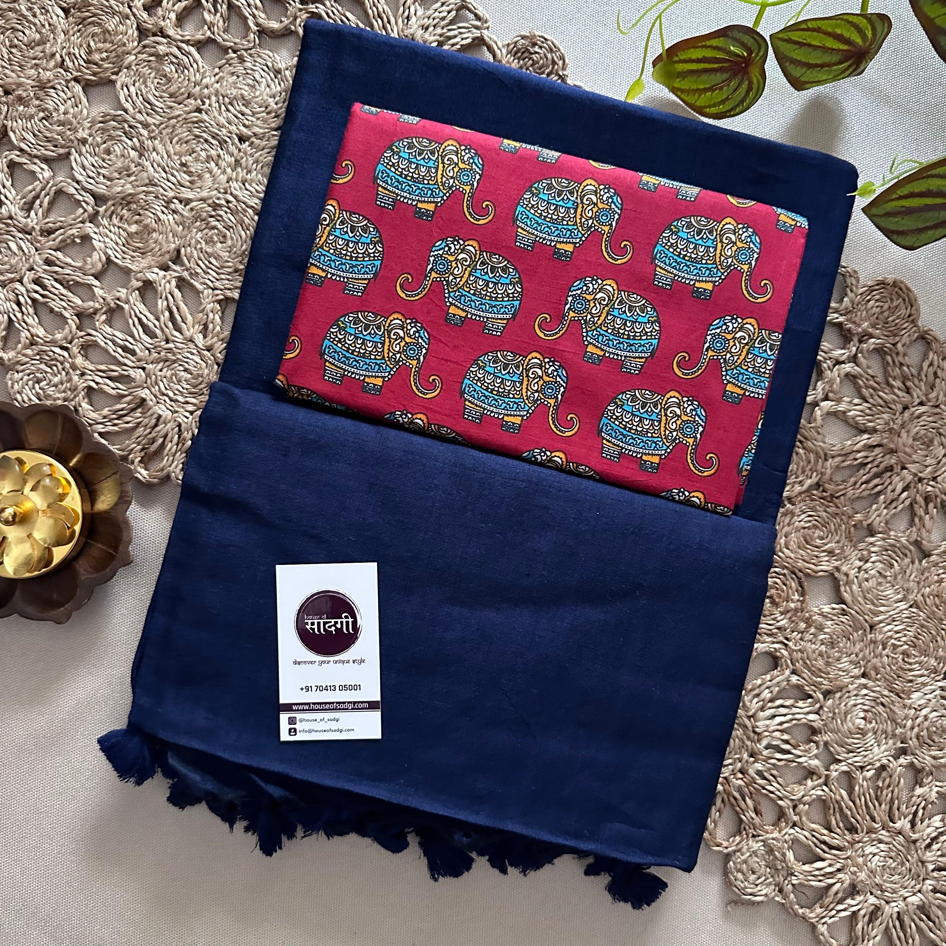 Nevy Blue Dual Tone Khadi Cotton Saree With Red Elephant Printed Blouse - House Of Sadgi